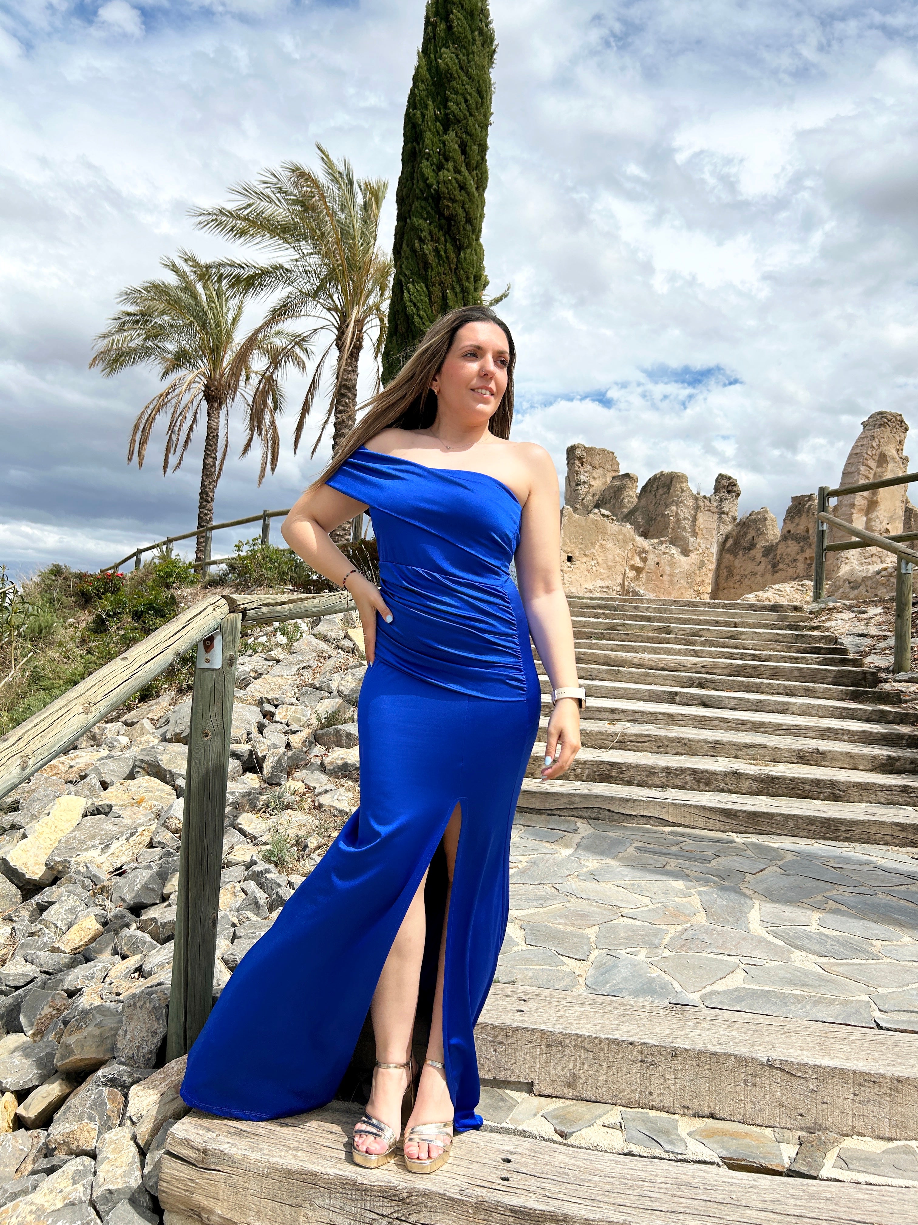 Asymmetrical blue boat dress