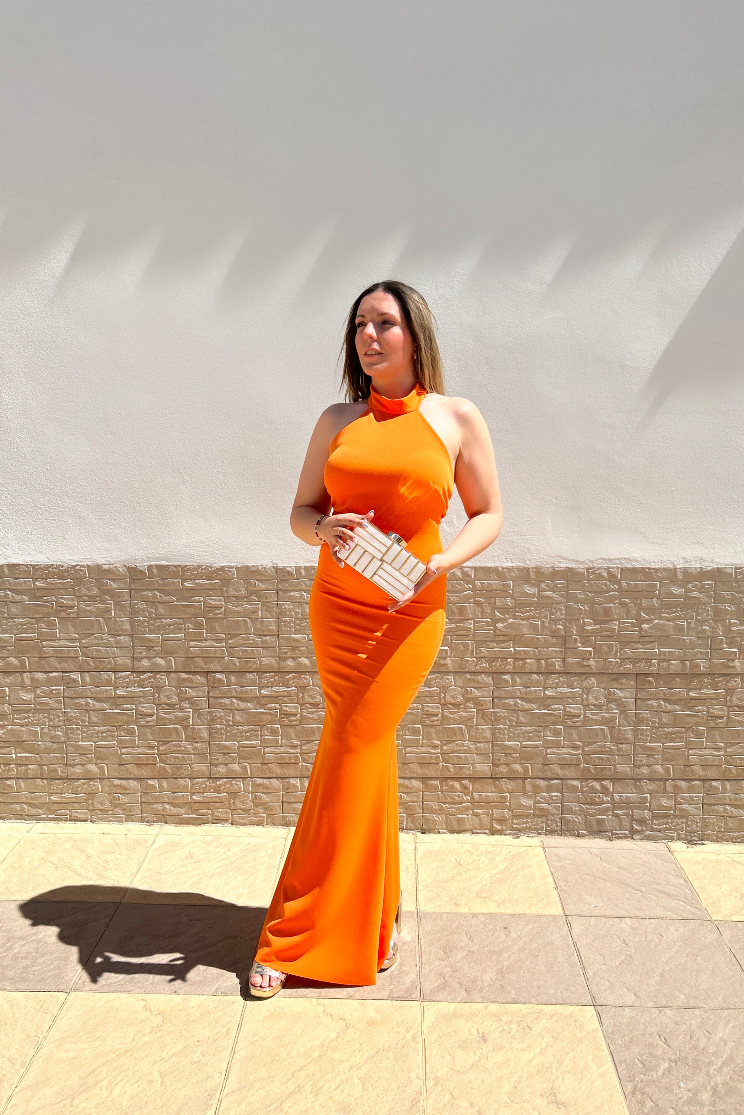 Orange knot back halter dress