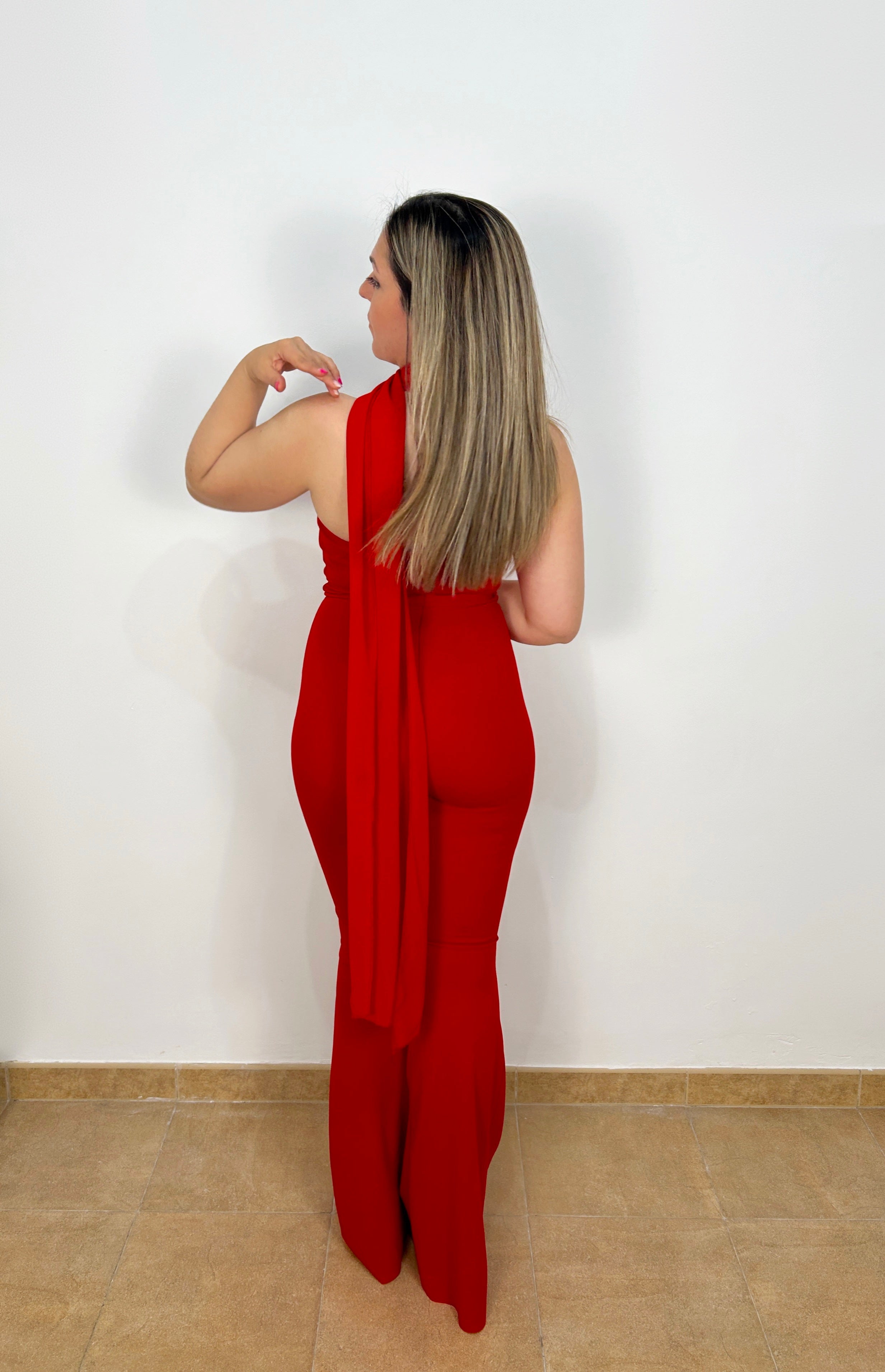 Red multi-position tulle jumpsuit