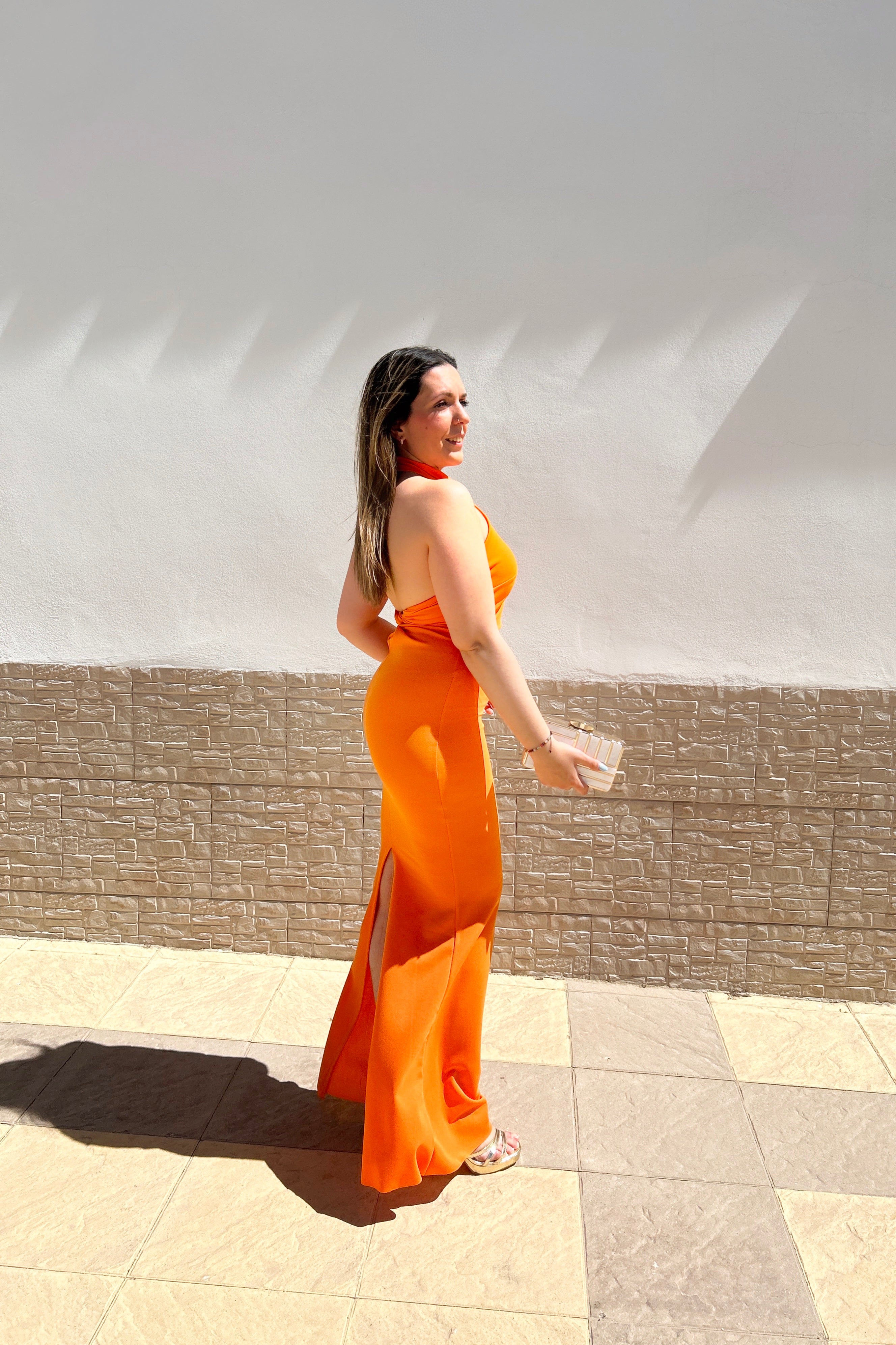 Orange knot back halter dress