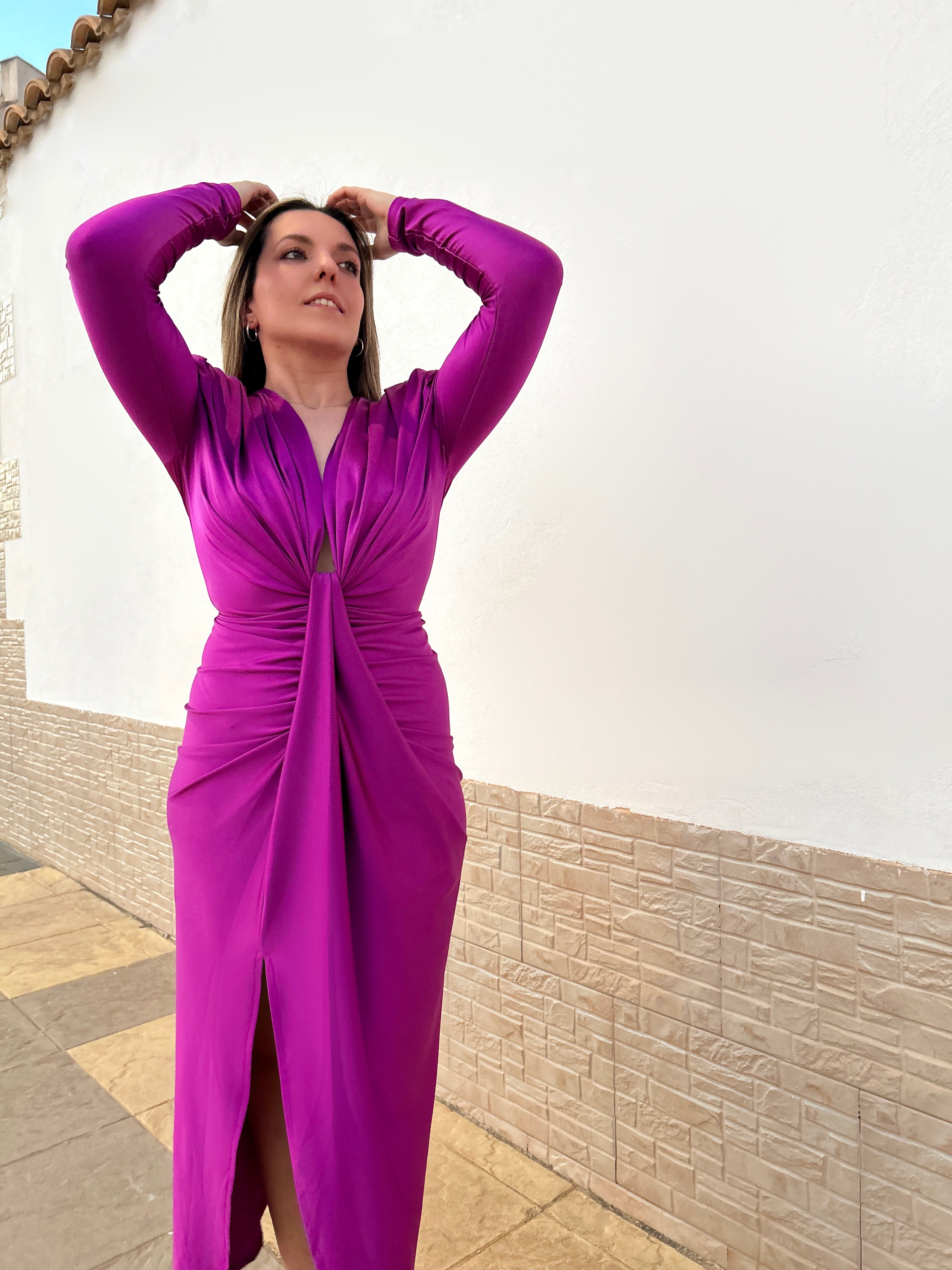 Vestido manga escote nudo amarena