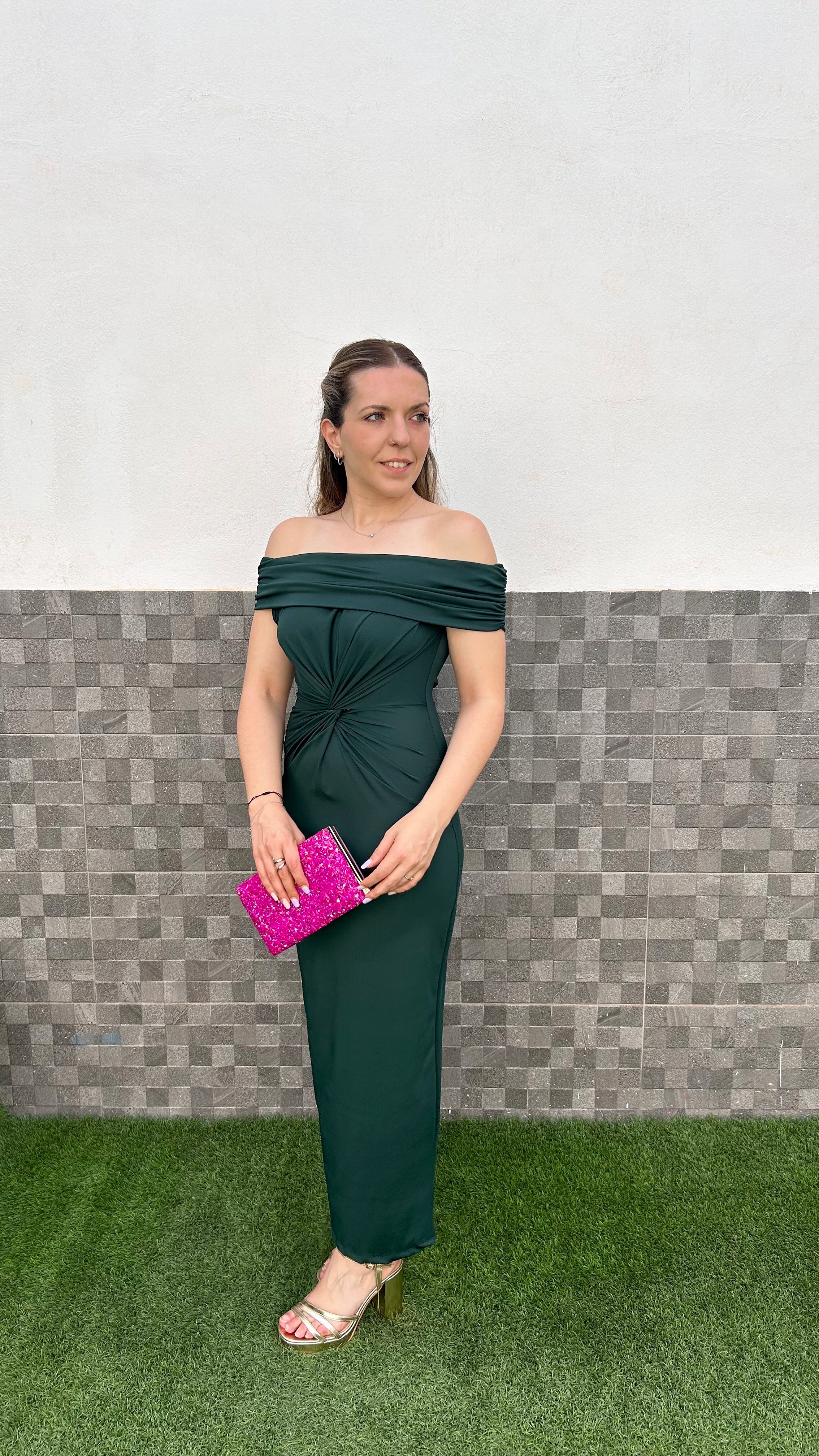 Vestido midi nudo bardot botella