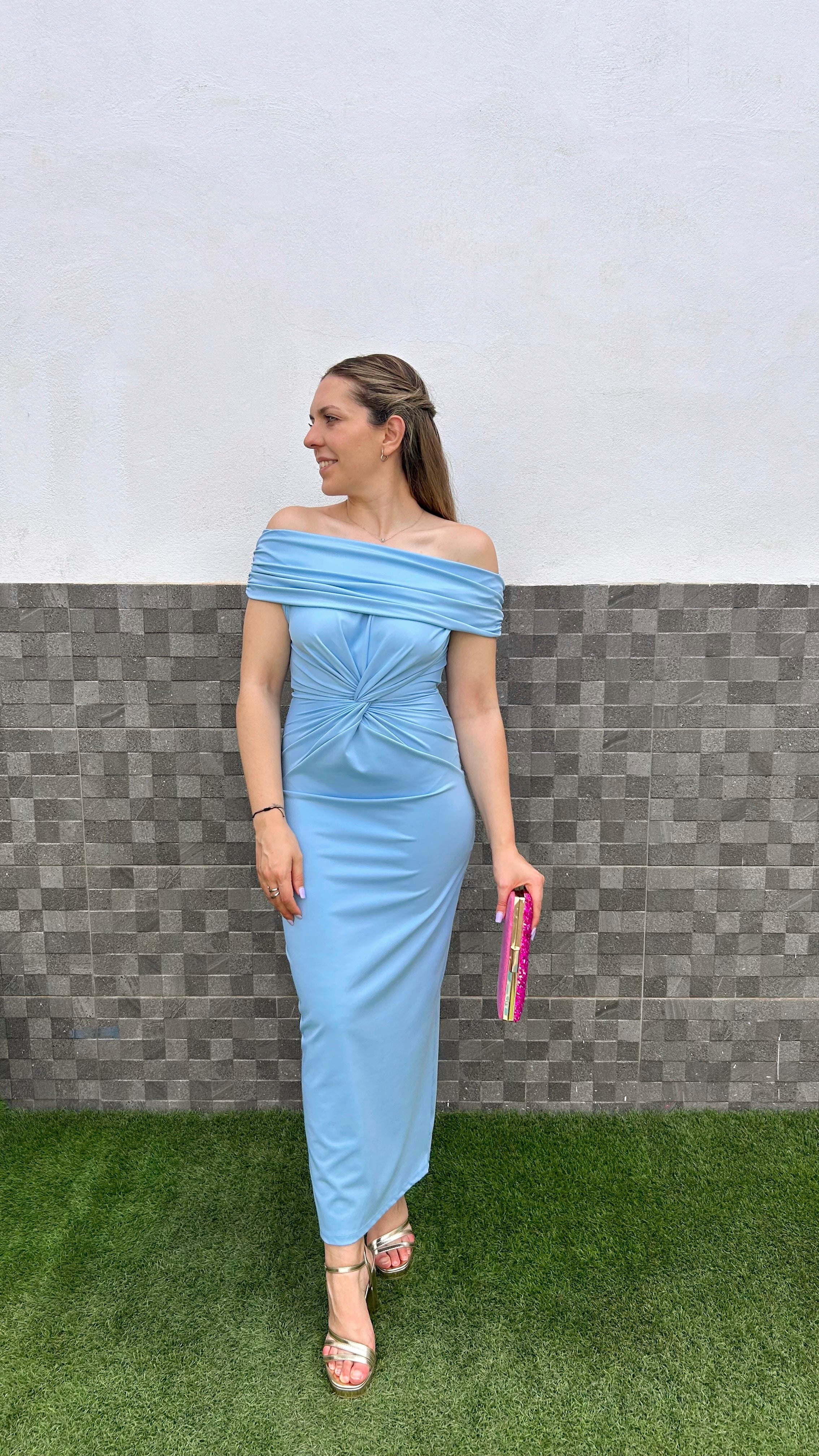 Light blue bardot knot midi dress