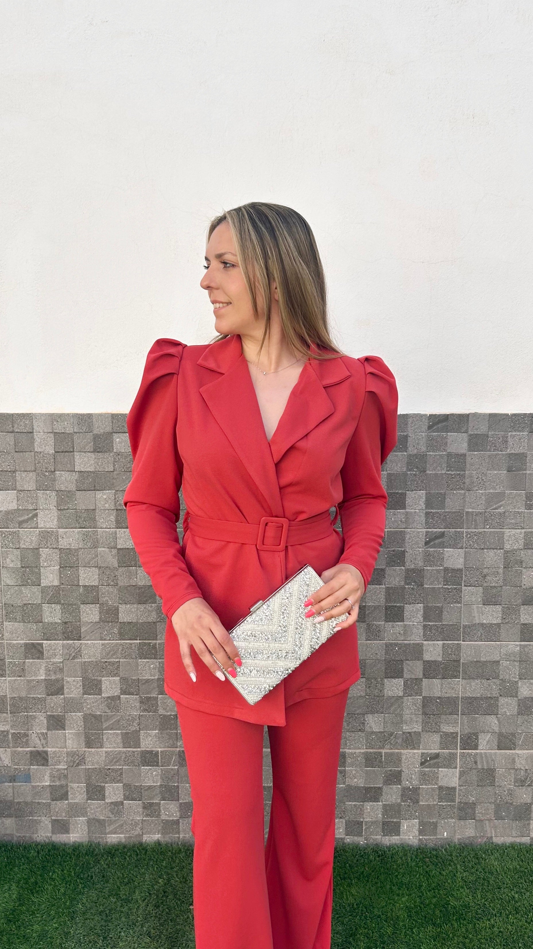 Conjunto blazer cinturón teja