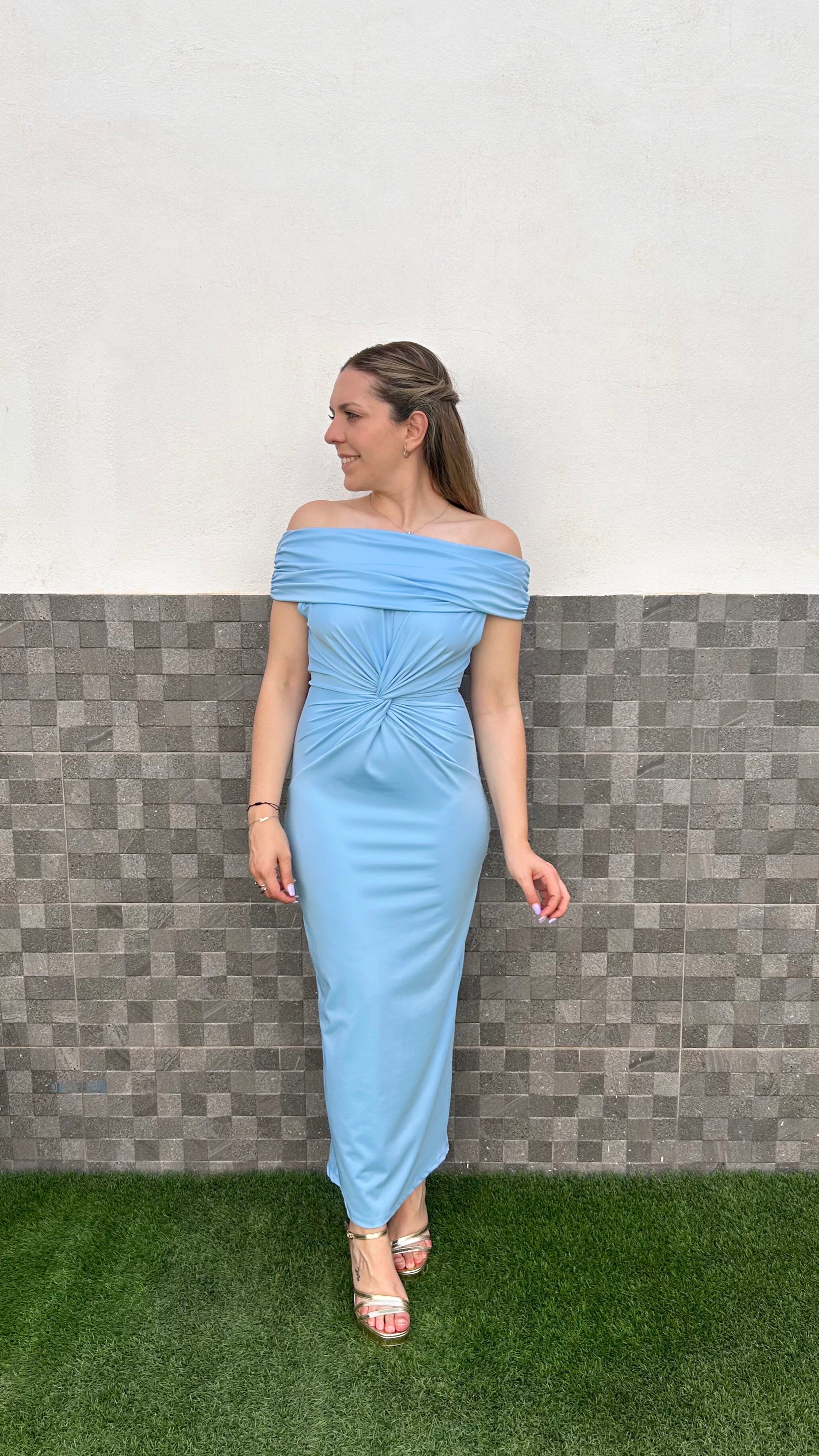 Light blue bardot knot midi dress