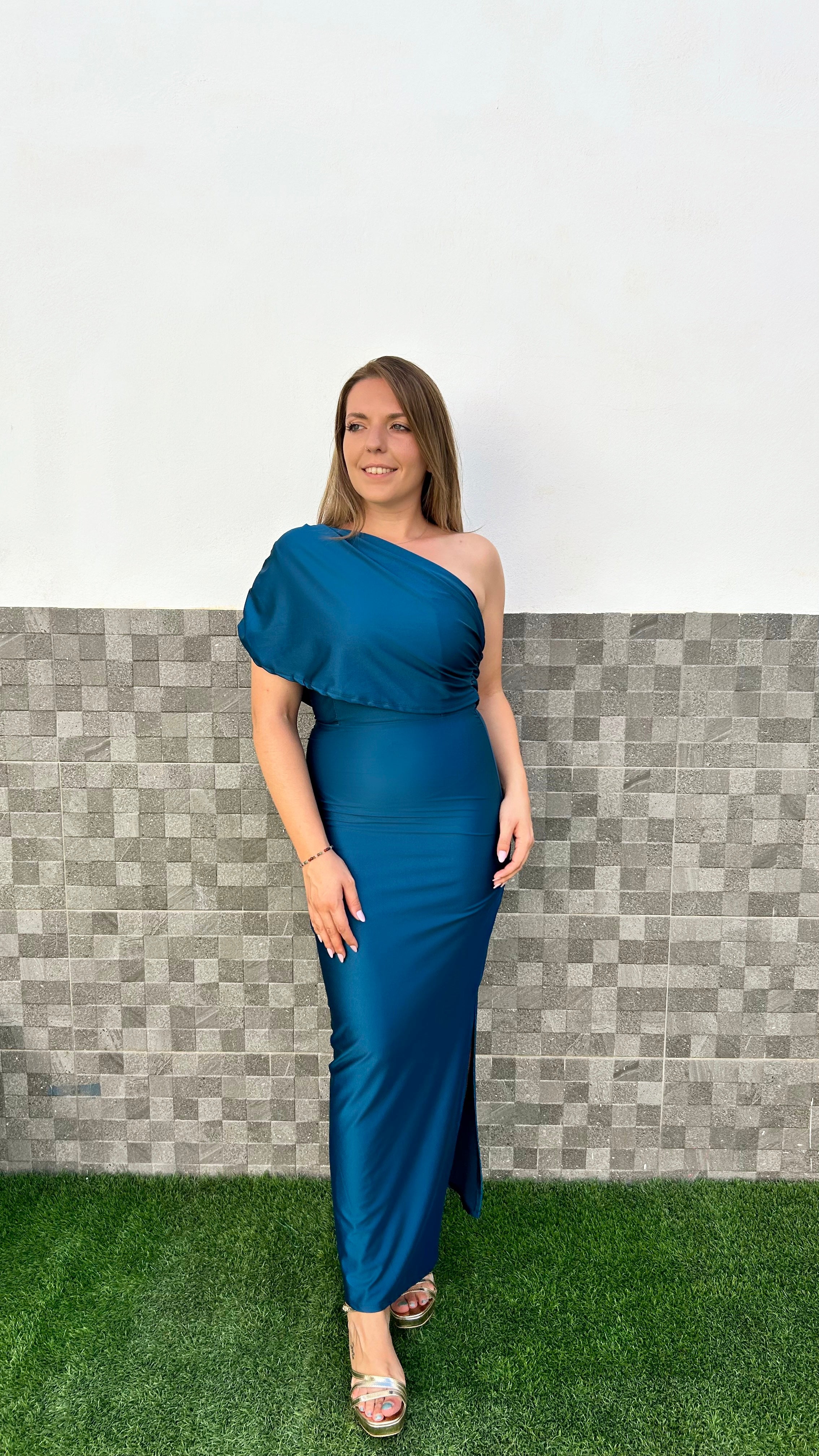 Vestido midi banda asimétrico petroleo
