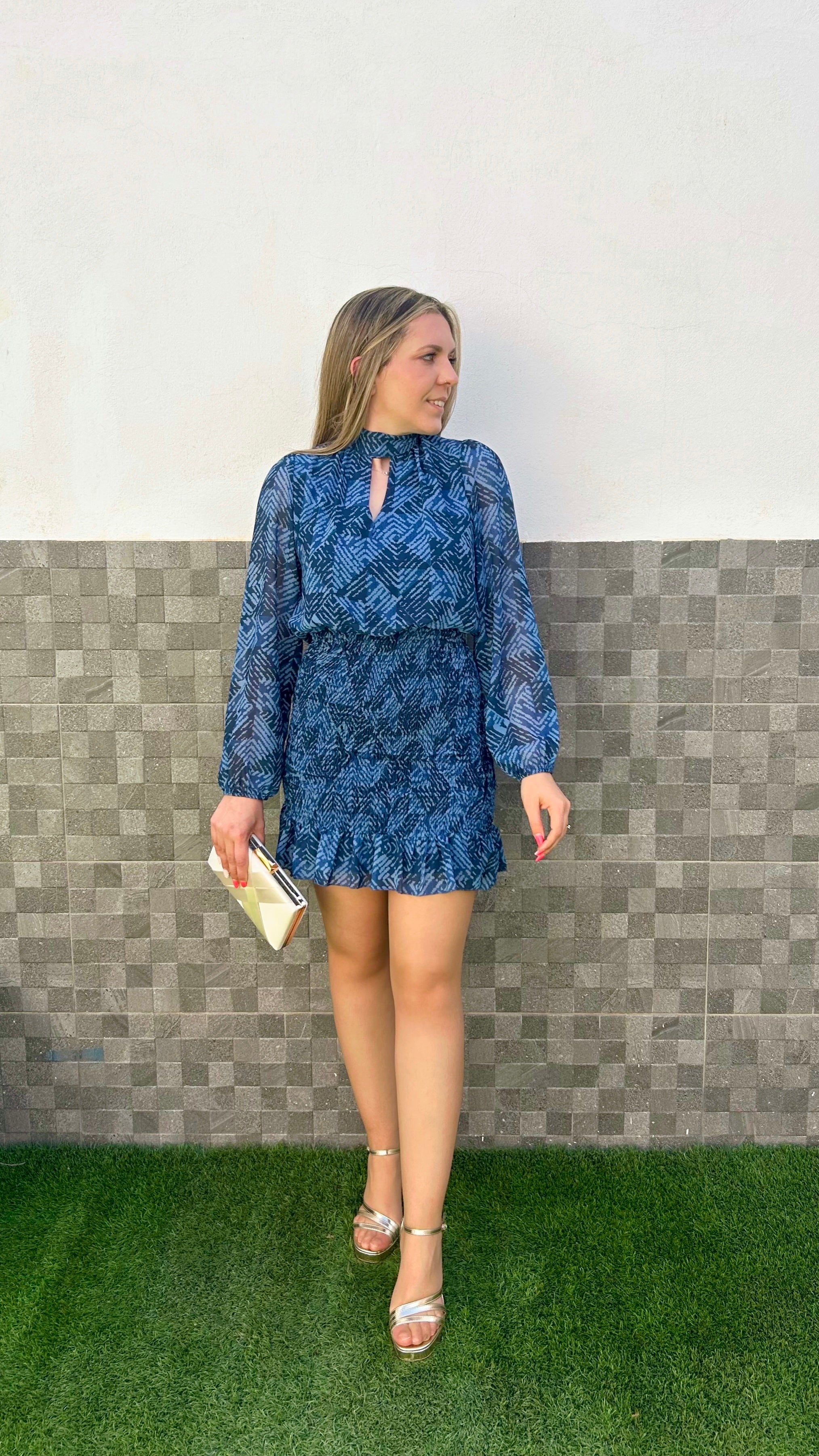 Vestido mini estampado manga gasa azul