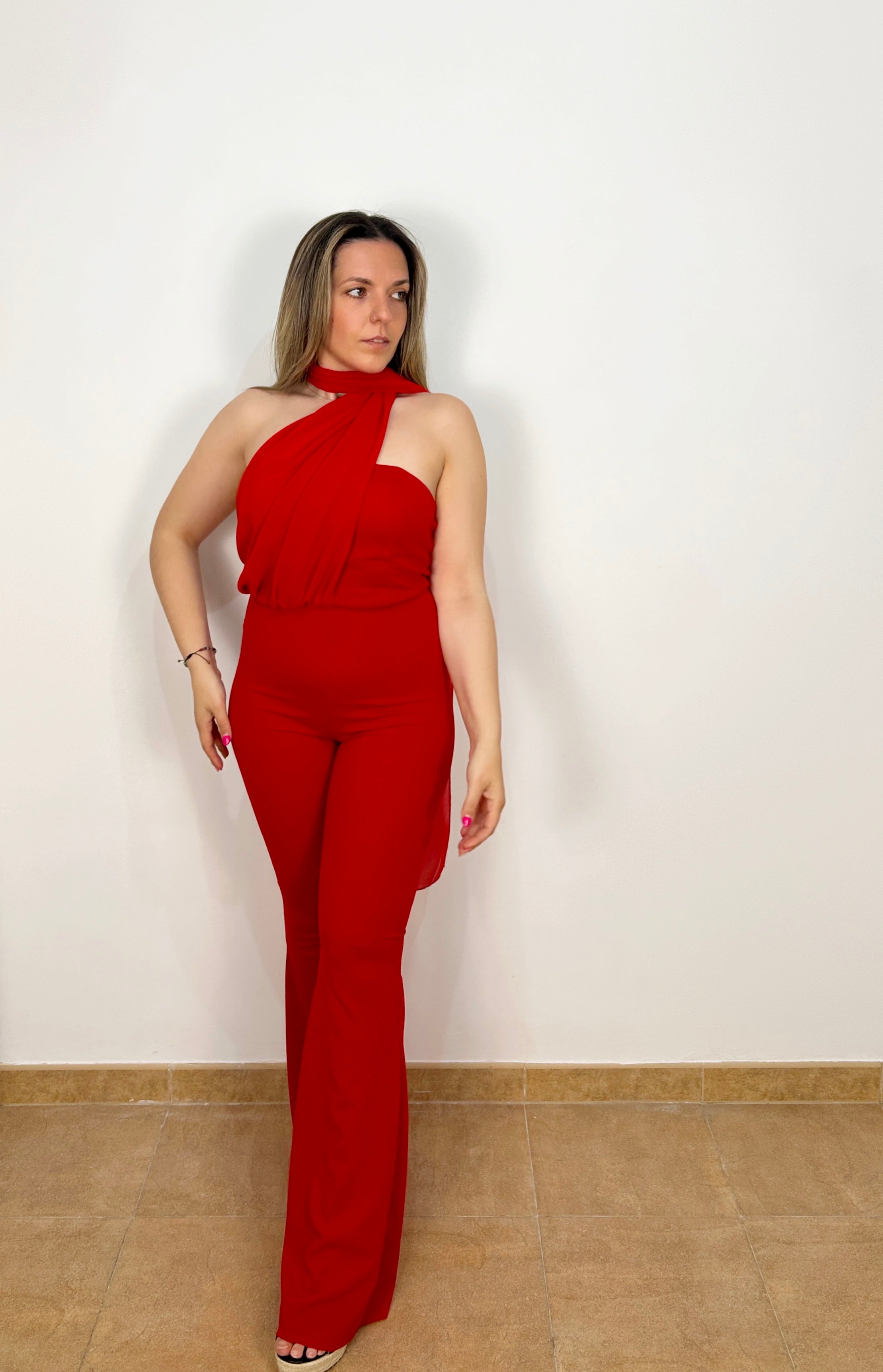 Red multi-position tulle jumpsuit