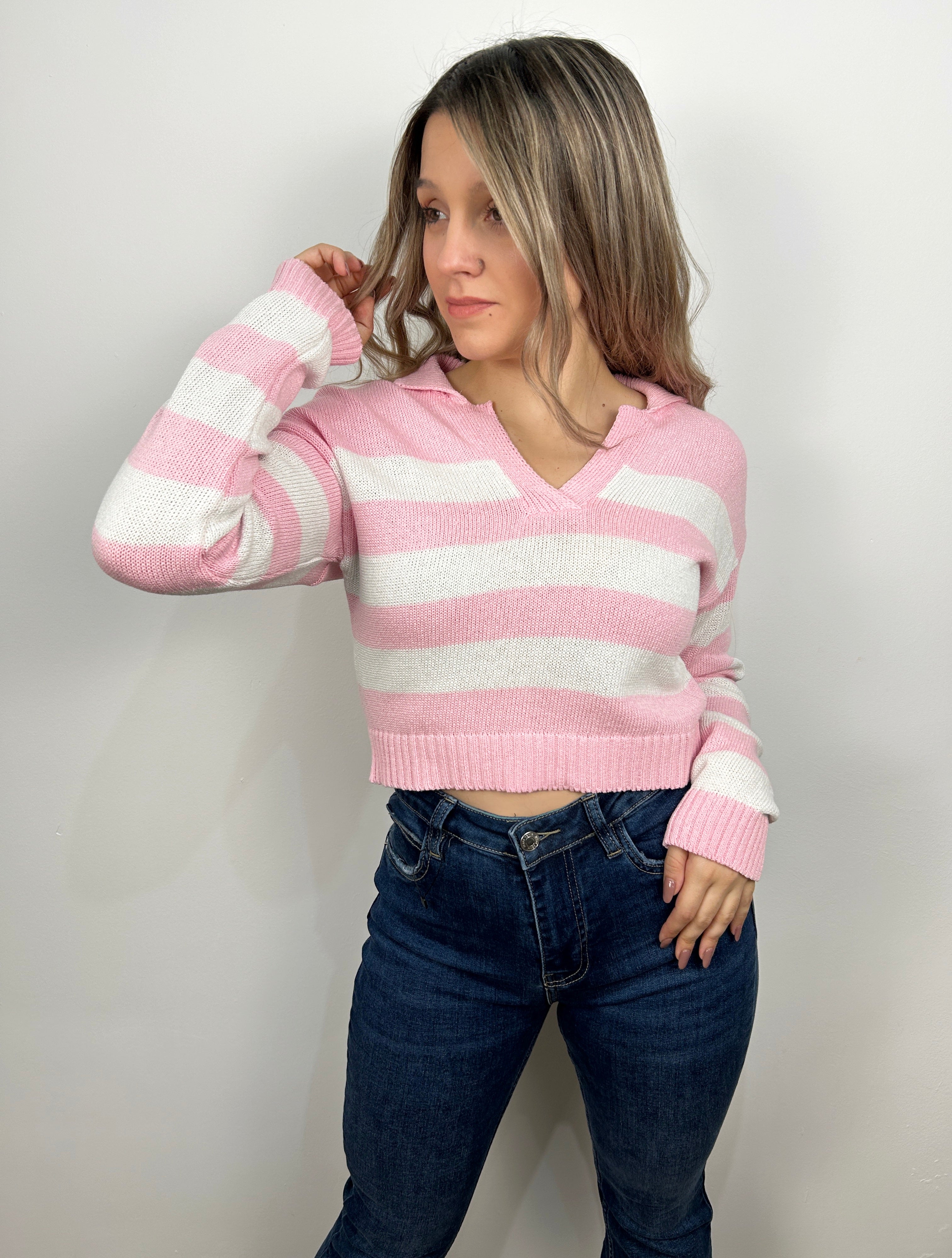 Pink/white striped polo neck jersey