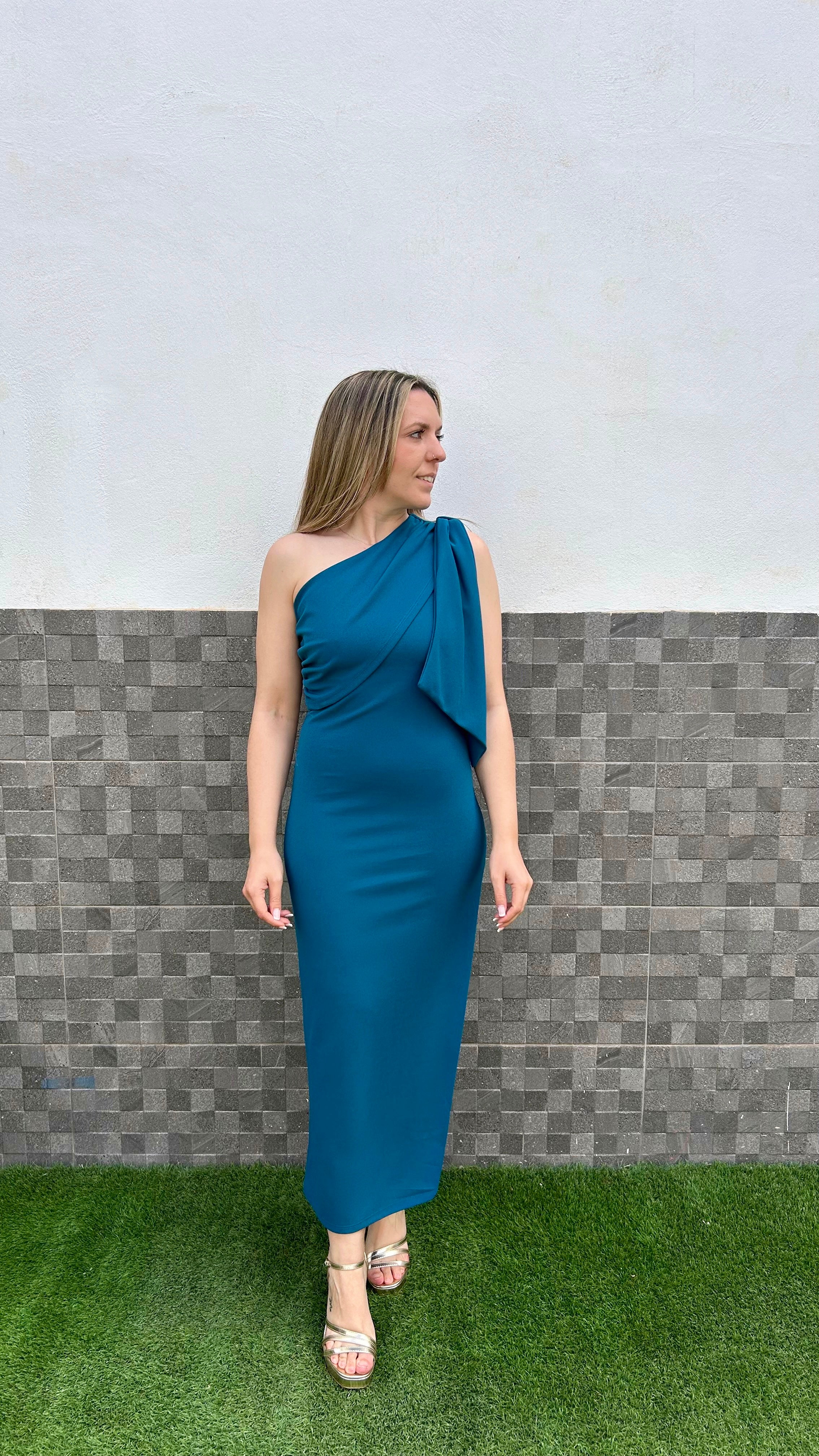 Vestido asimétrico lazo petróleo