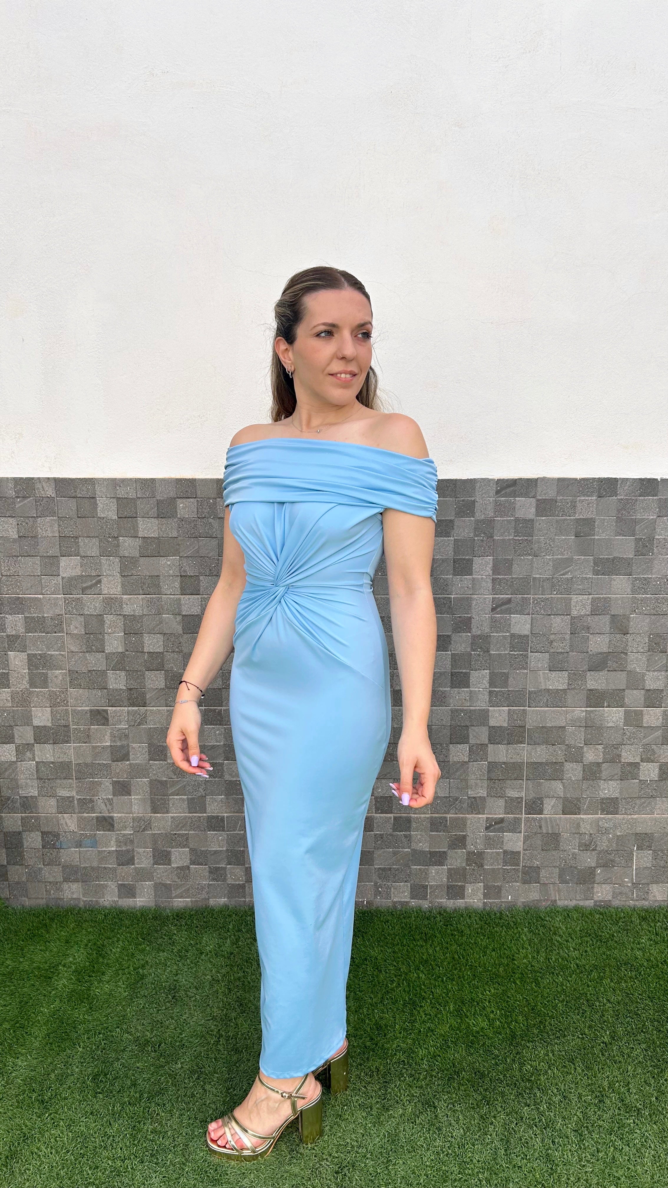 Light blue bardot knot midi dress