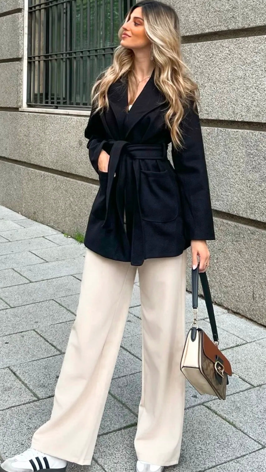 Abrigo paño cinturón negro