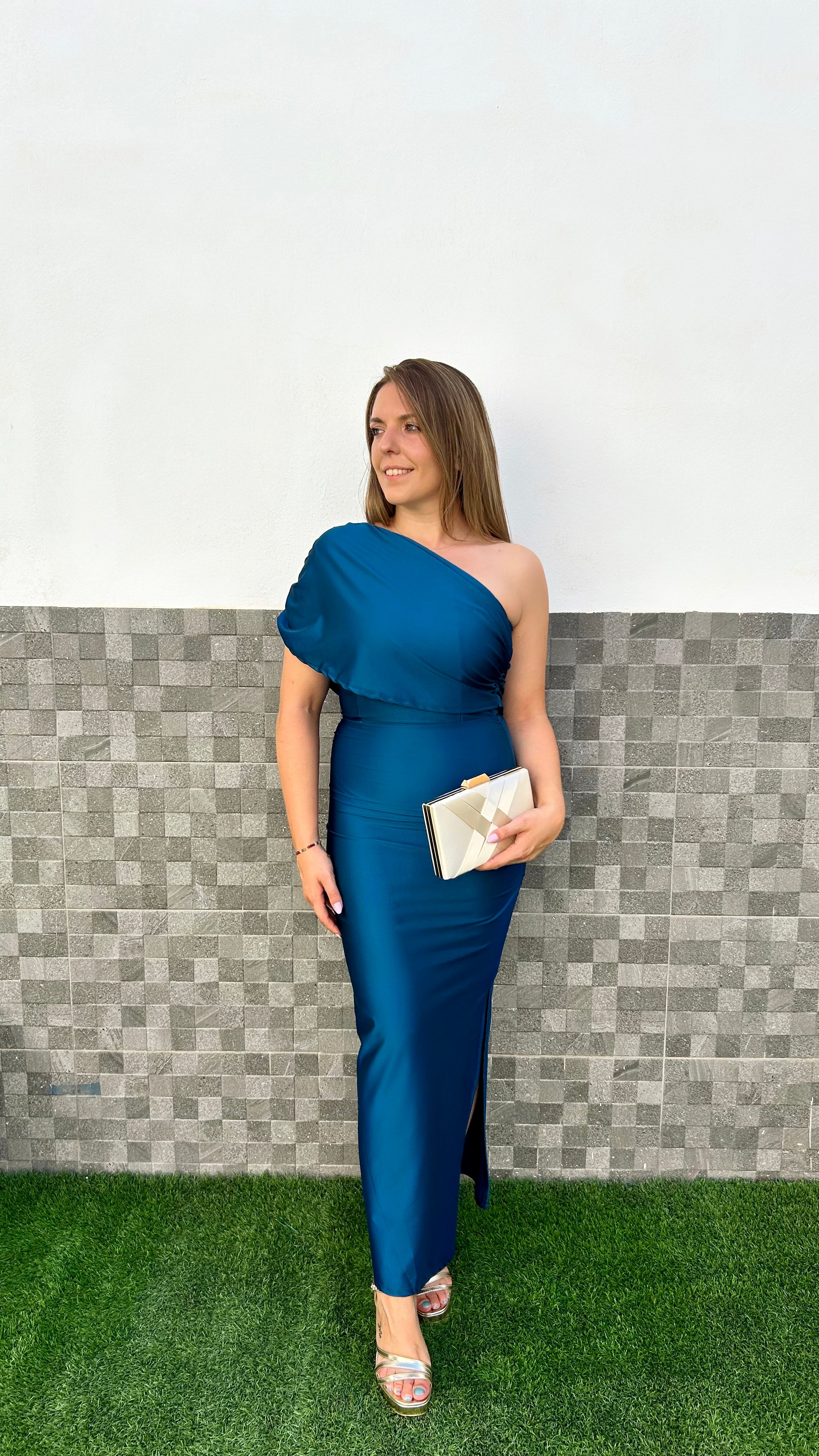 Vestido midi banda asimétrico petroleo