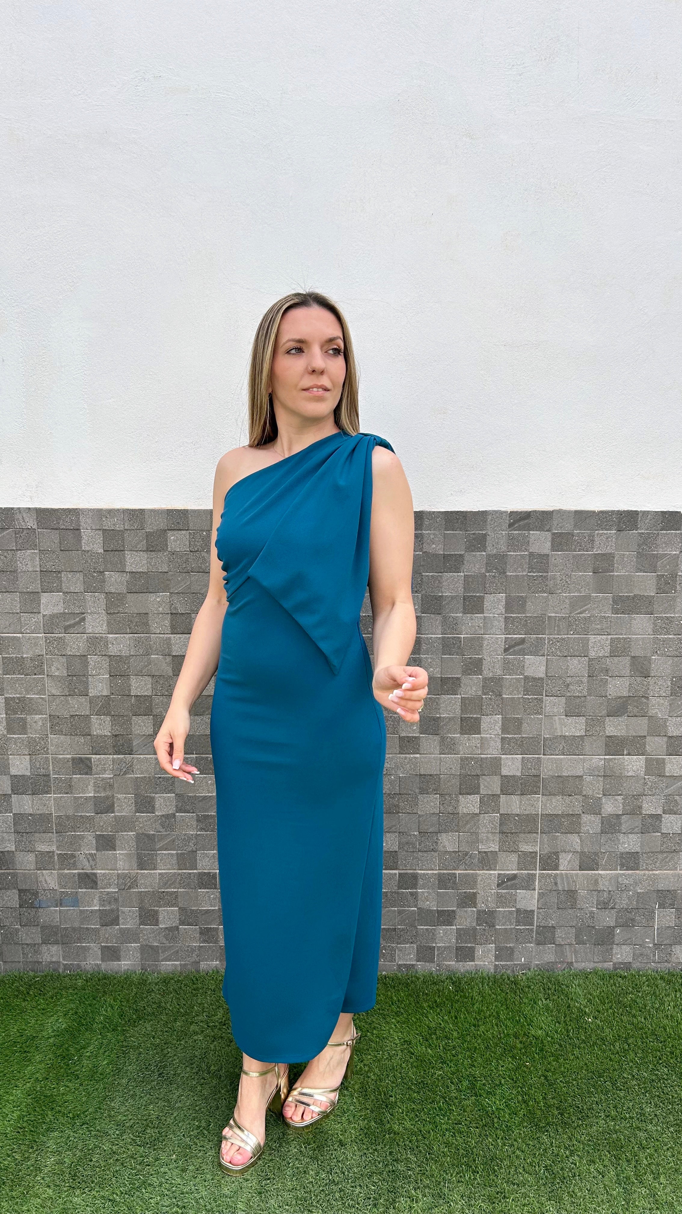 Vestido asimétrico lazo petróleo