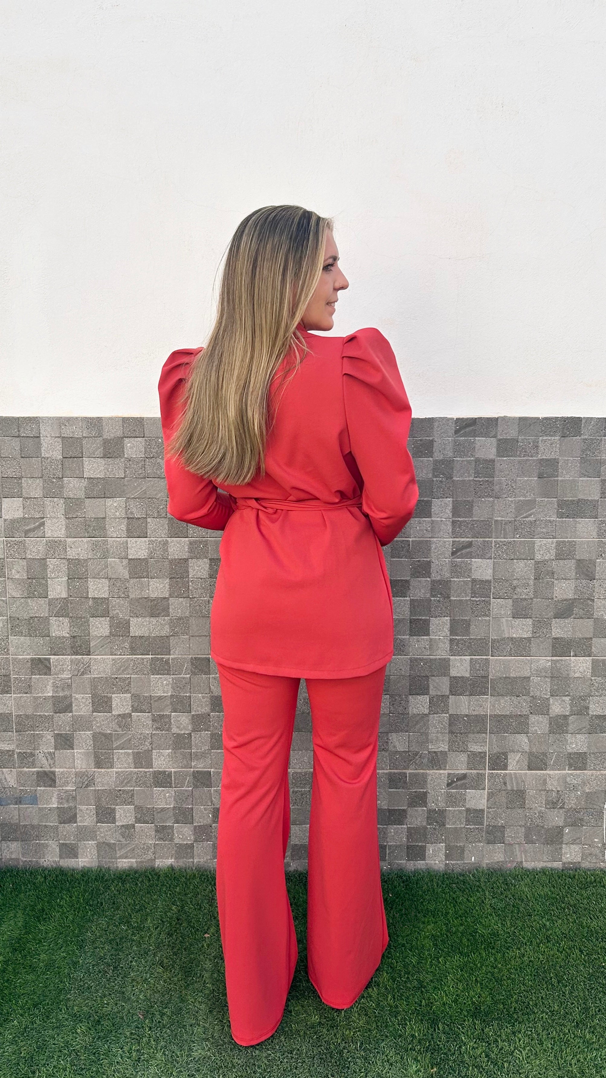 Conjunto blazer cinturón teja