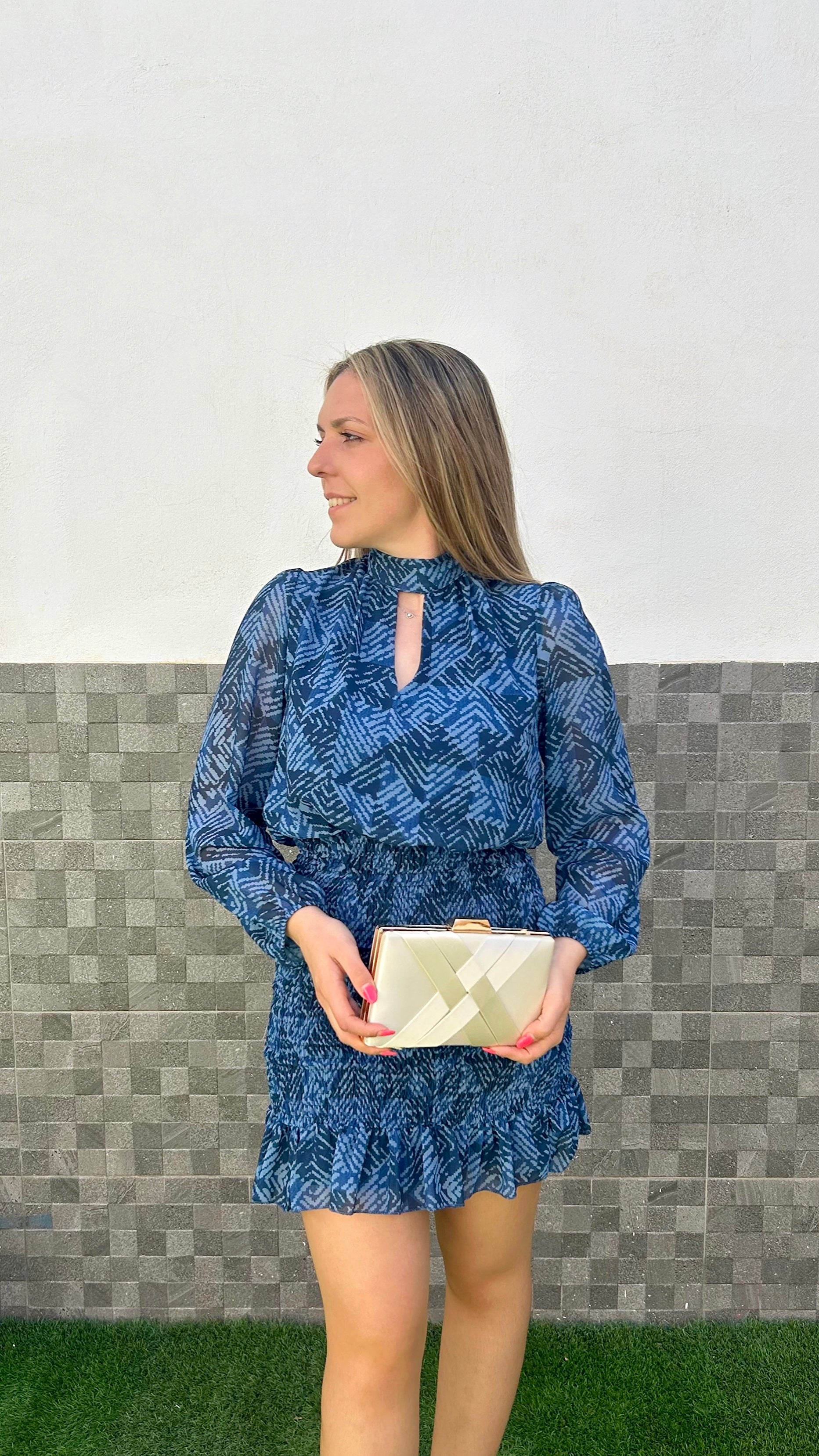 Vestido mini estampado manga gasa azul