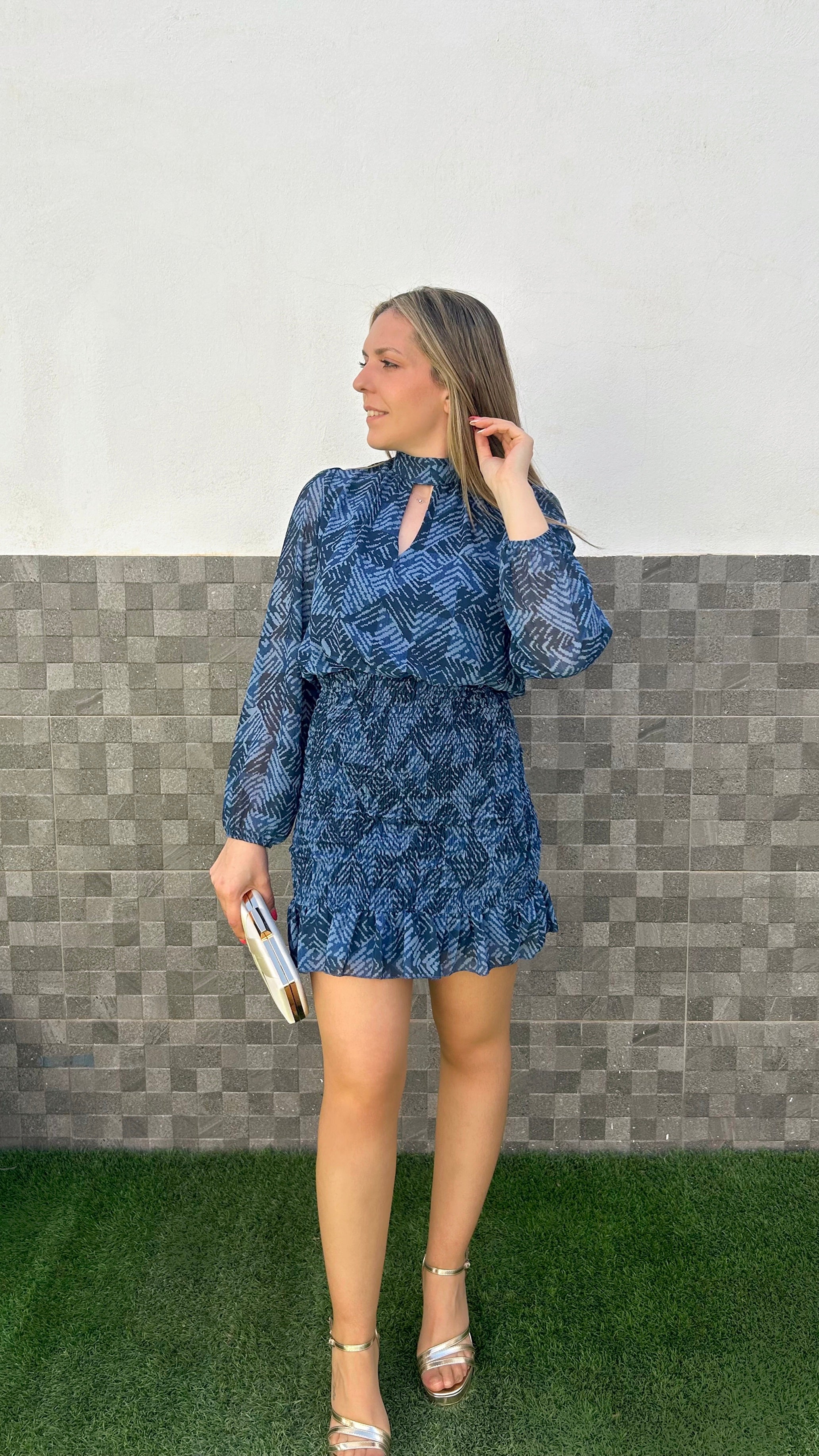 Vestido mini estampado manga gasa azul