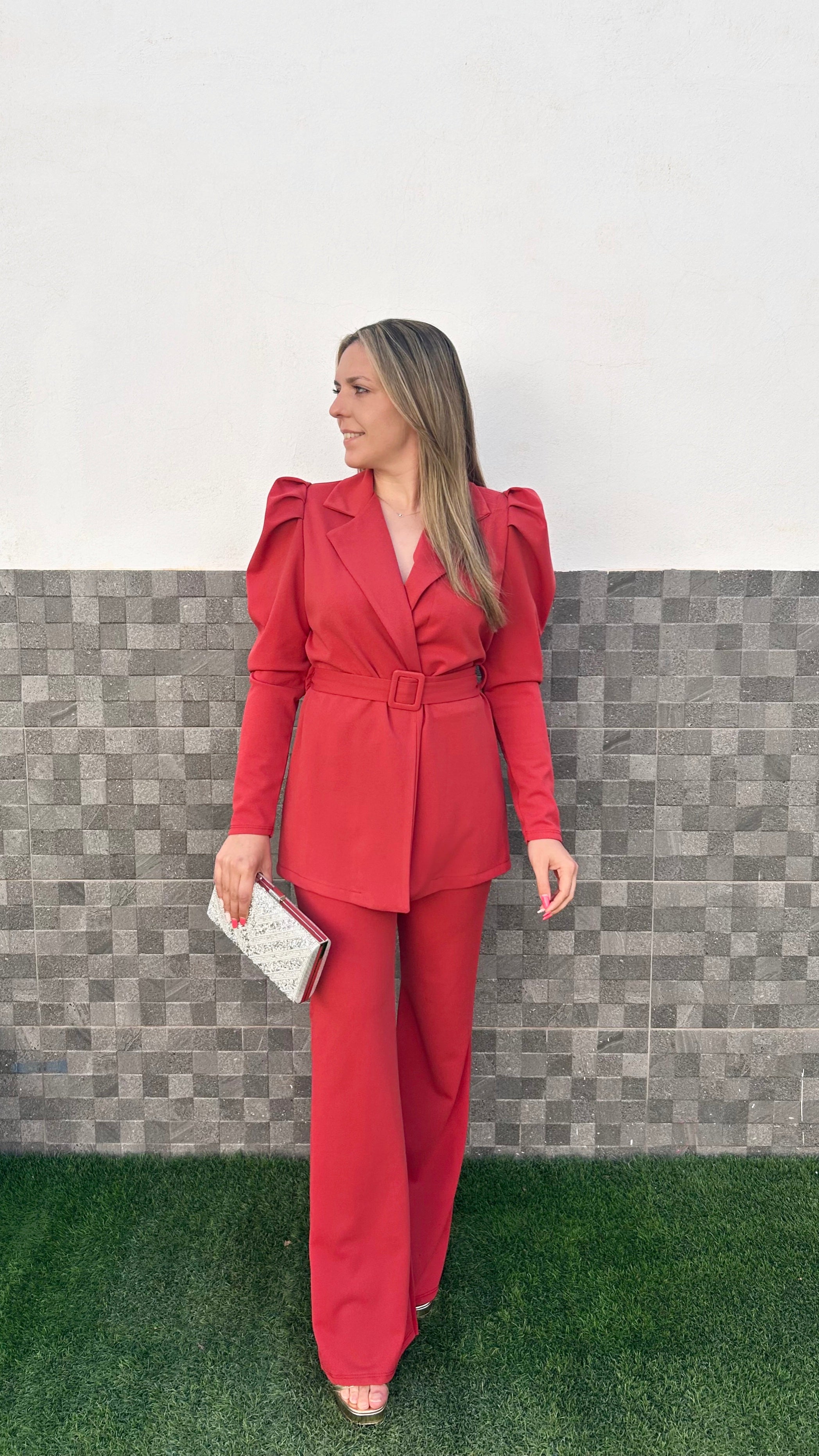 Conjunto blazer cinturón teja