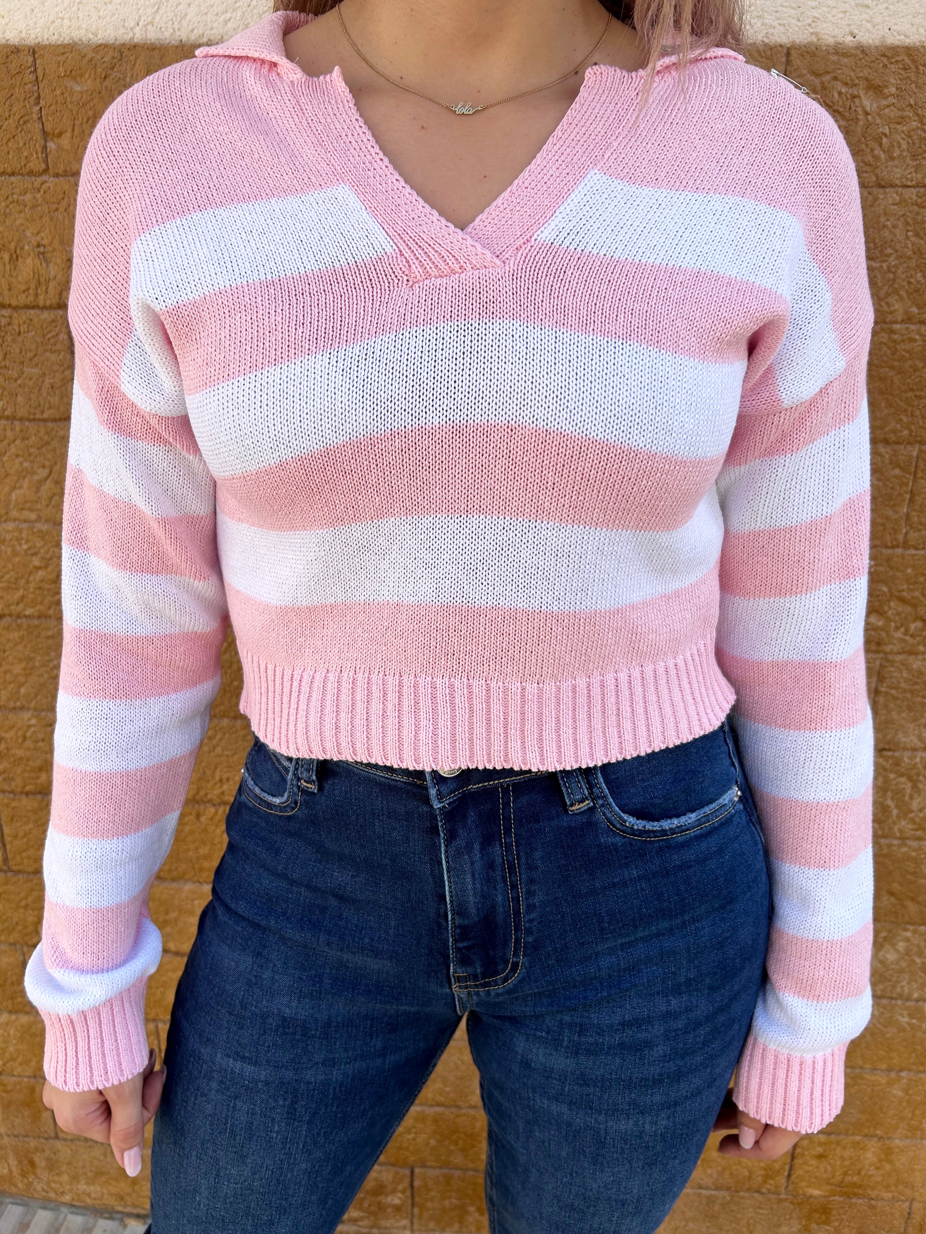 Pink/white striped polo neck jersey