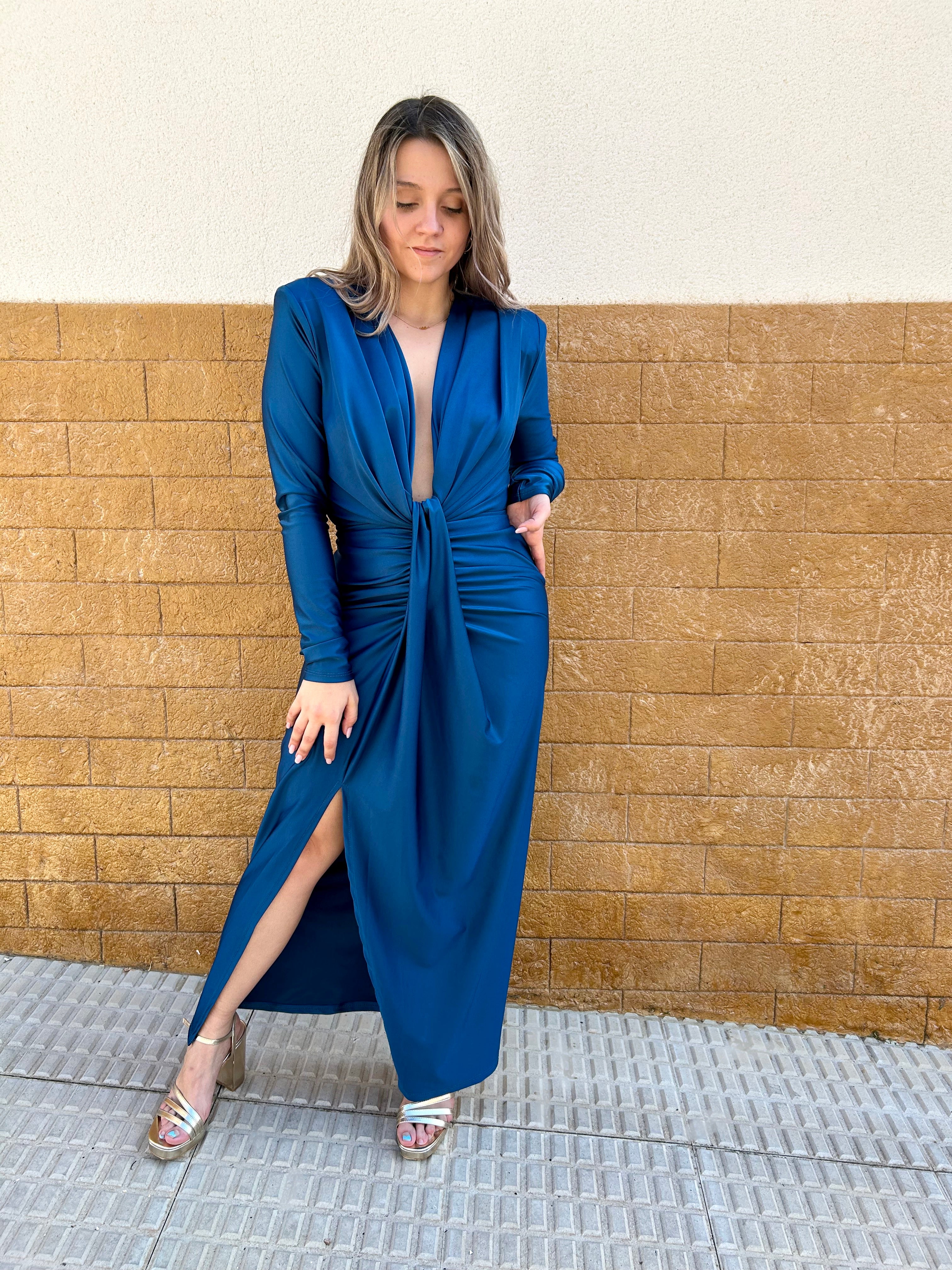 Vestido manga escote pronunciado petroleo
