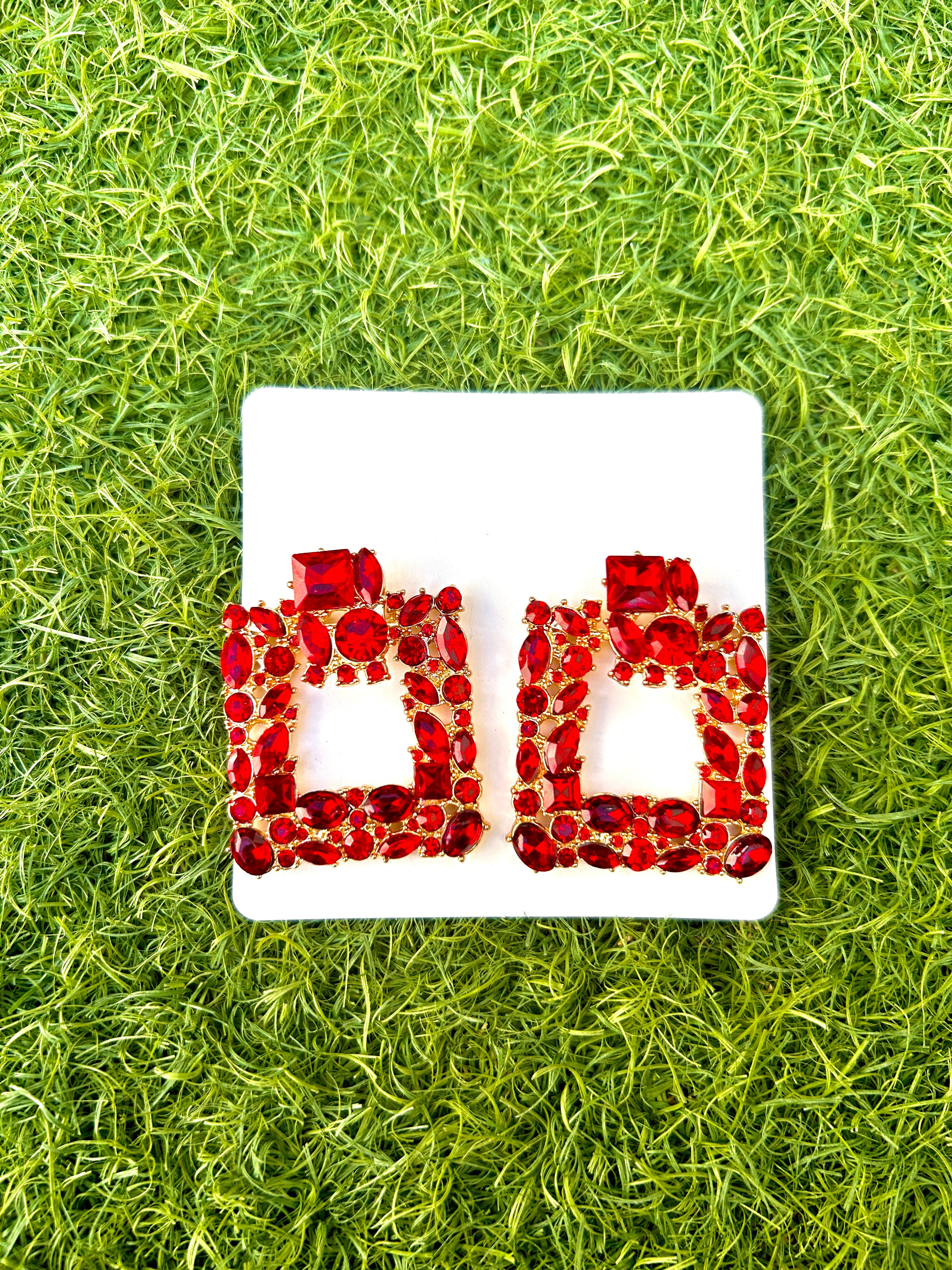 Red square rhinestone earrings