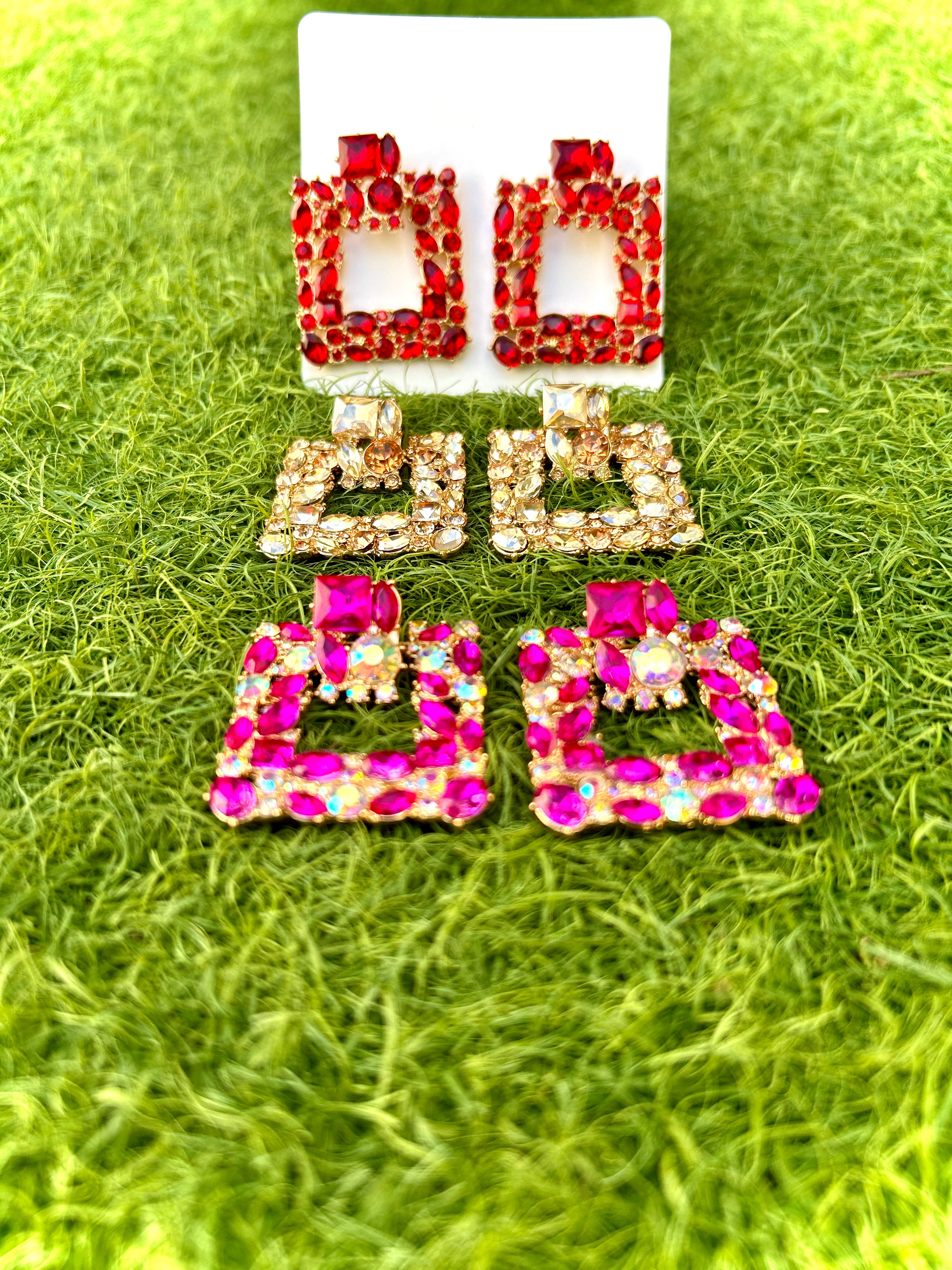 Gold square rhinestone earrings