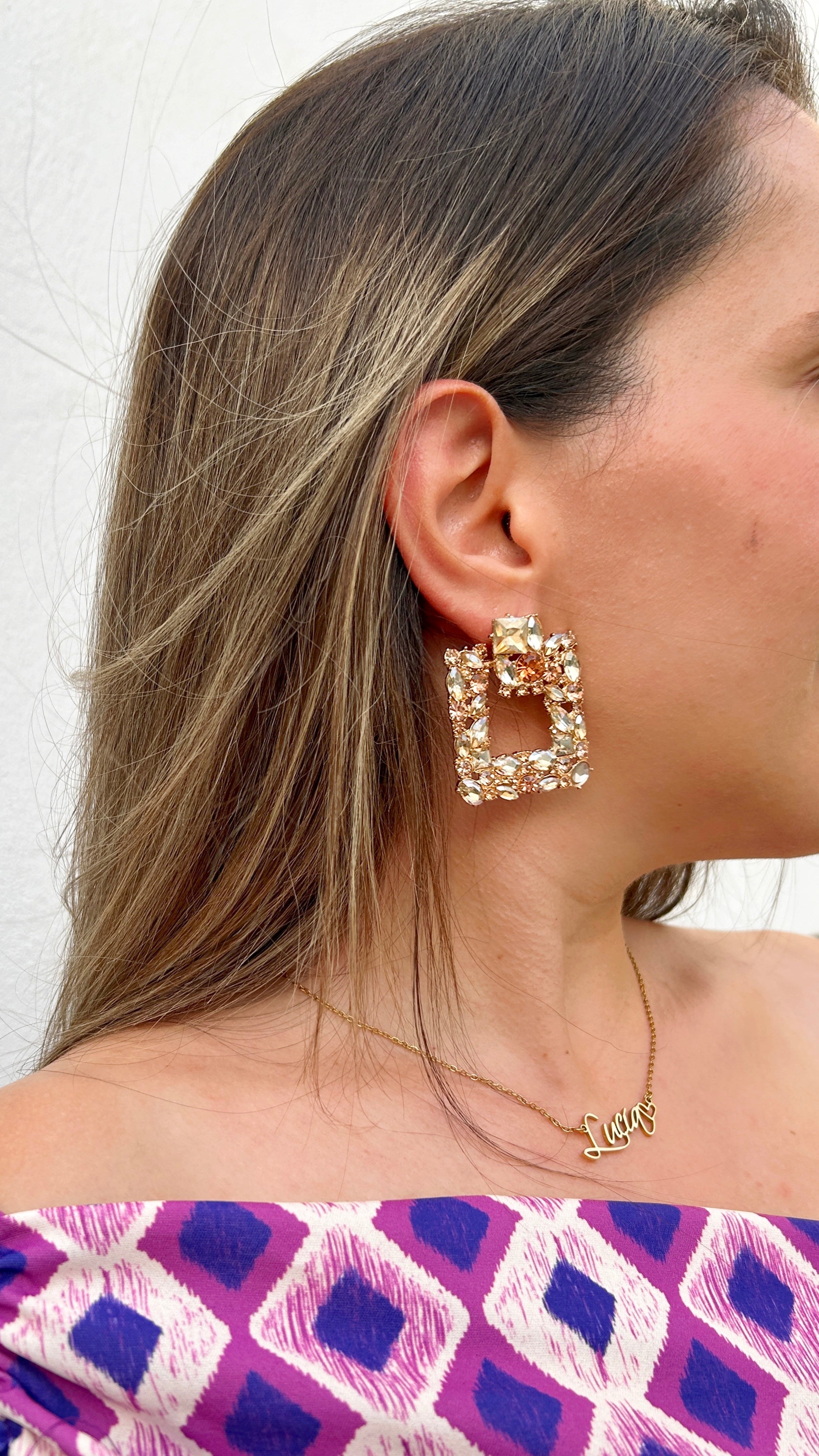 Gold square rhinestone earrings