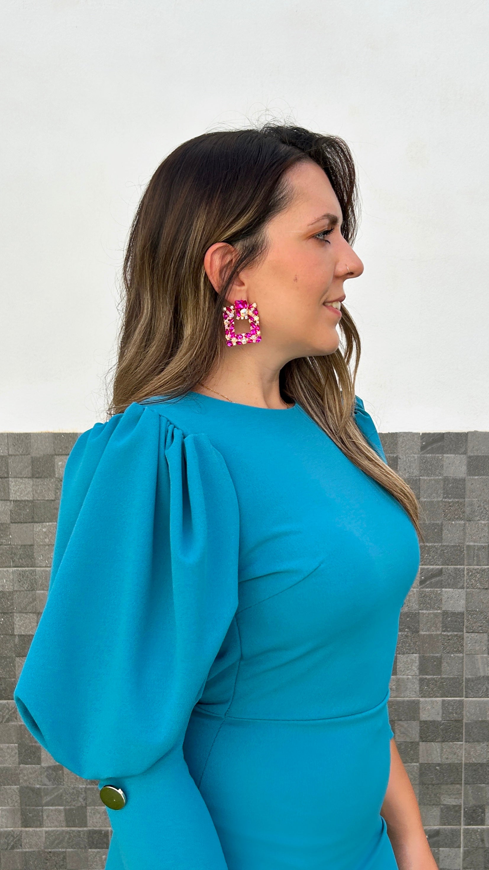 Vestido midi manga farol boton azul