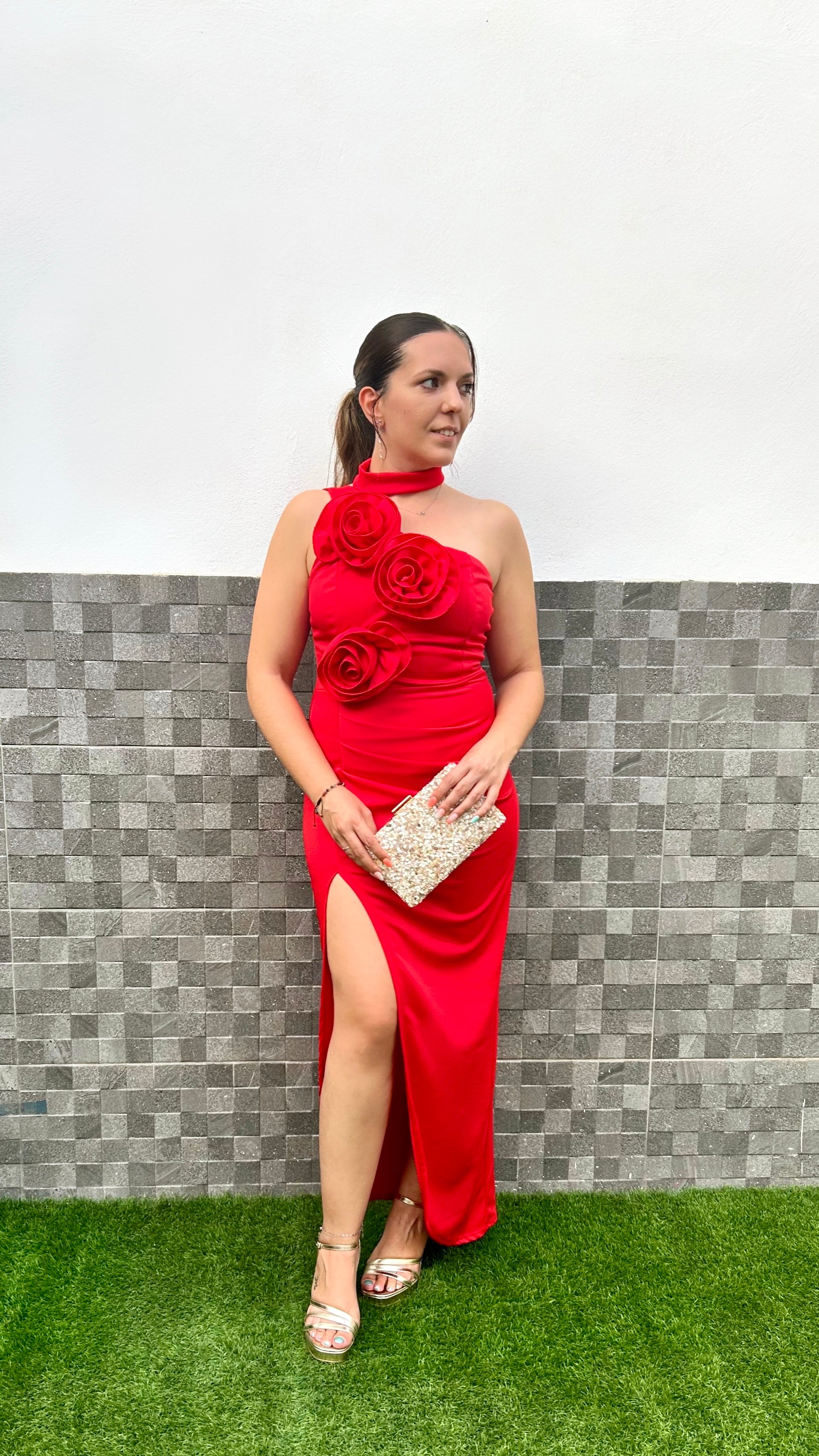 Vestido flor asimétrico rojo