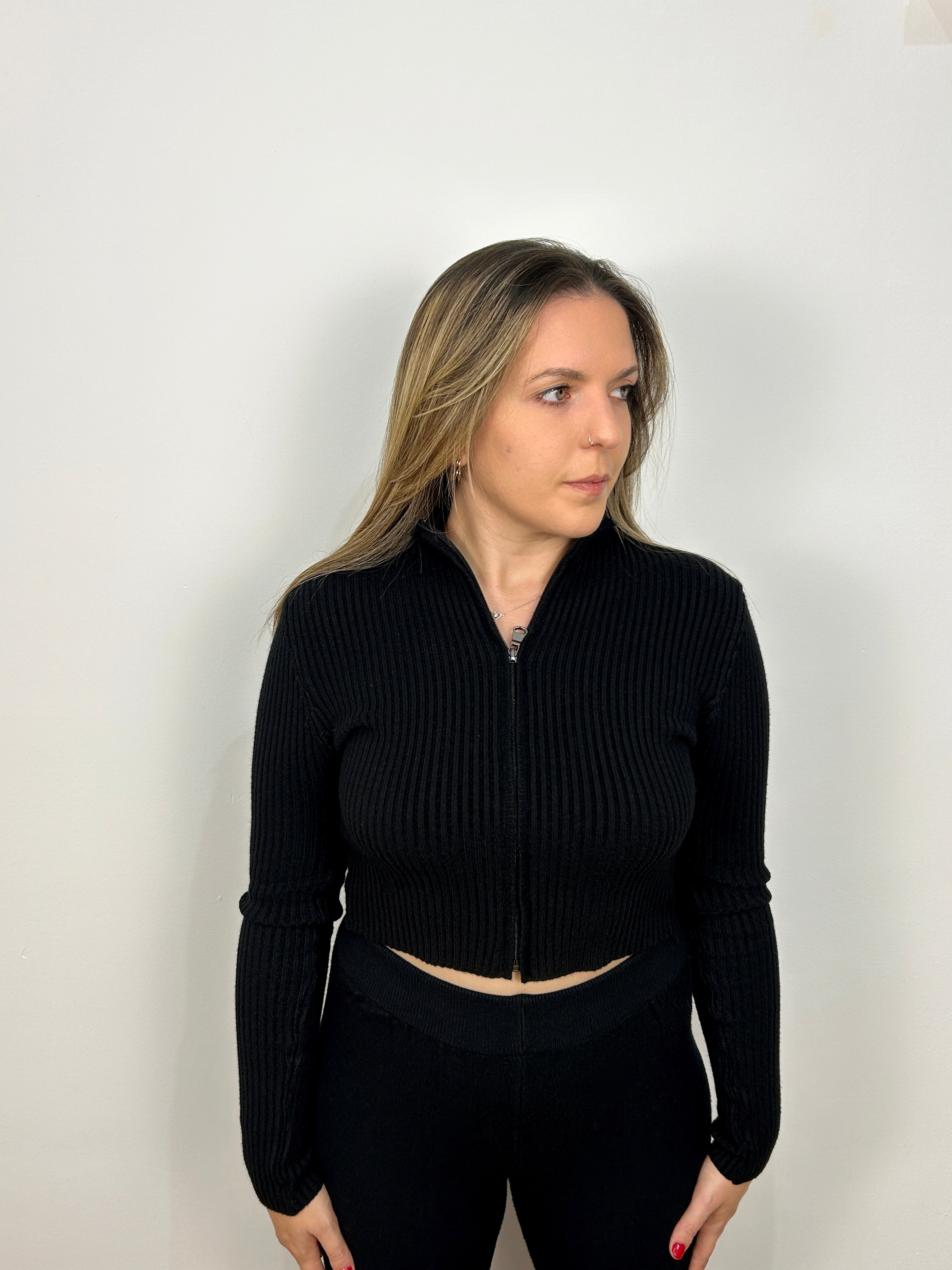Black crop zip jersey