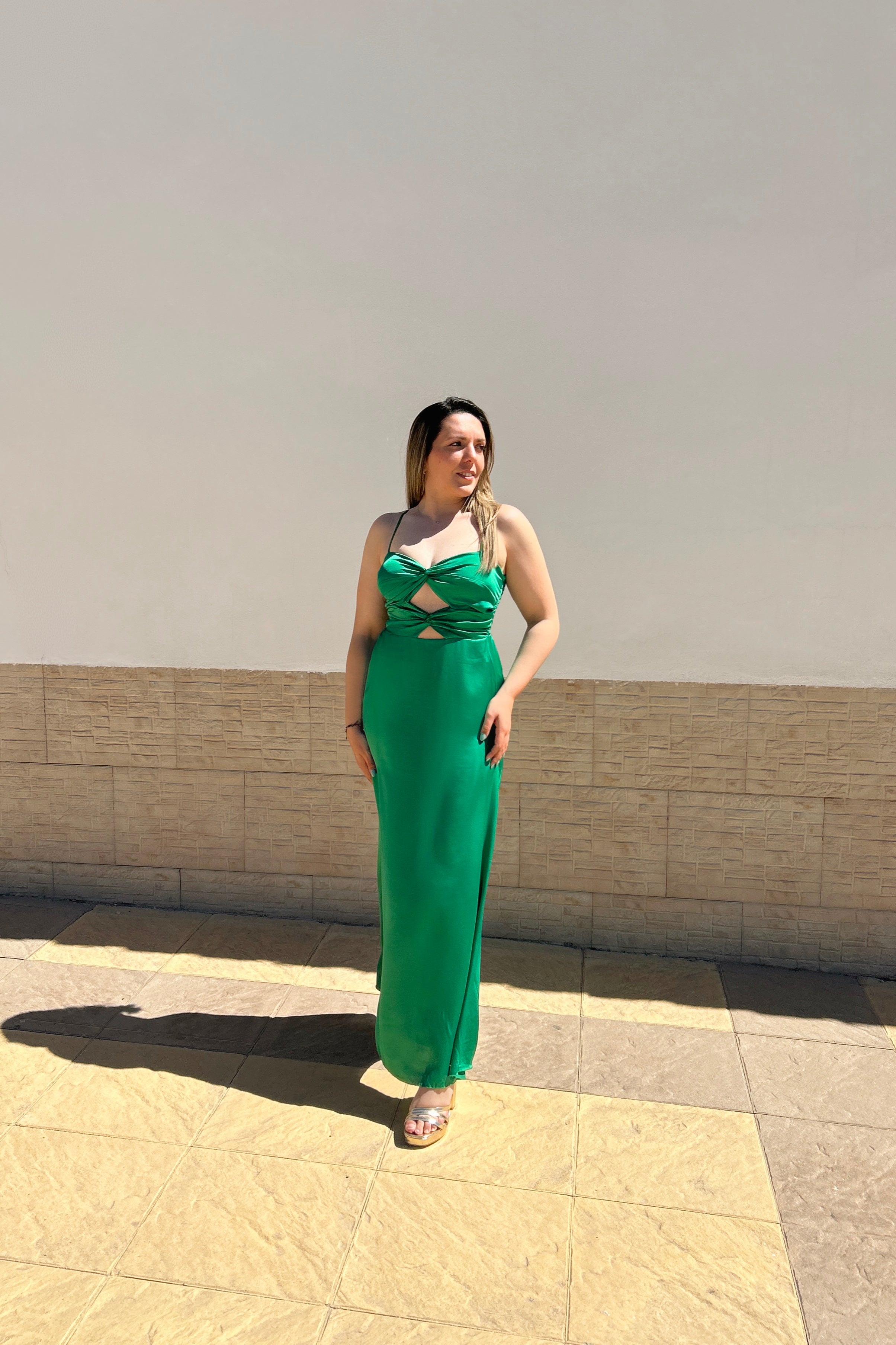 Green midi dress with slit neckline