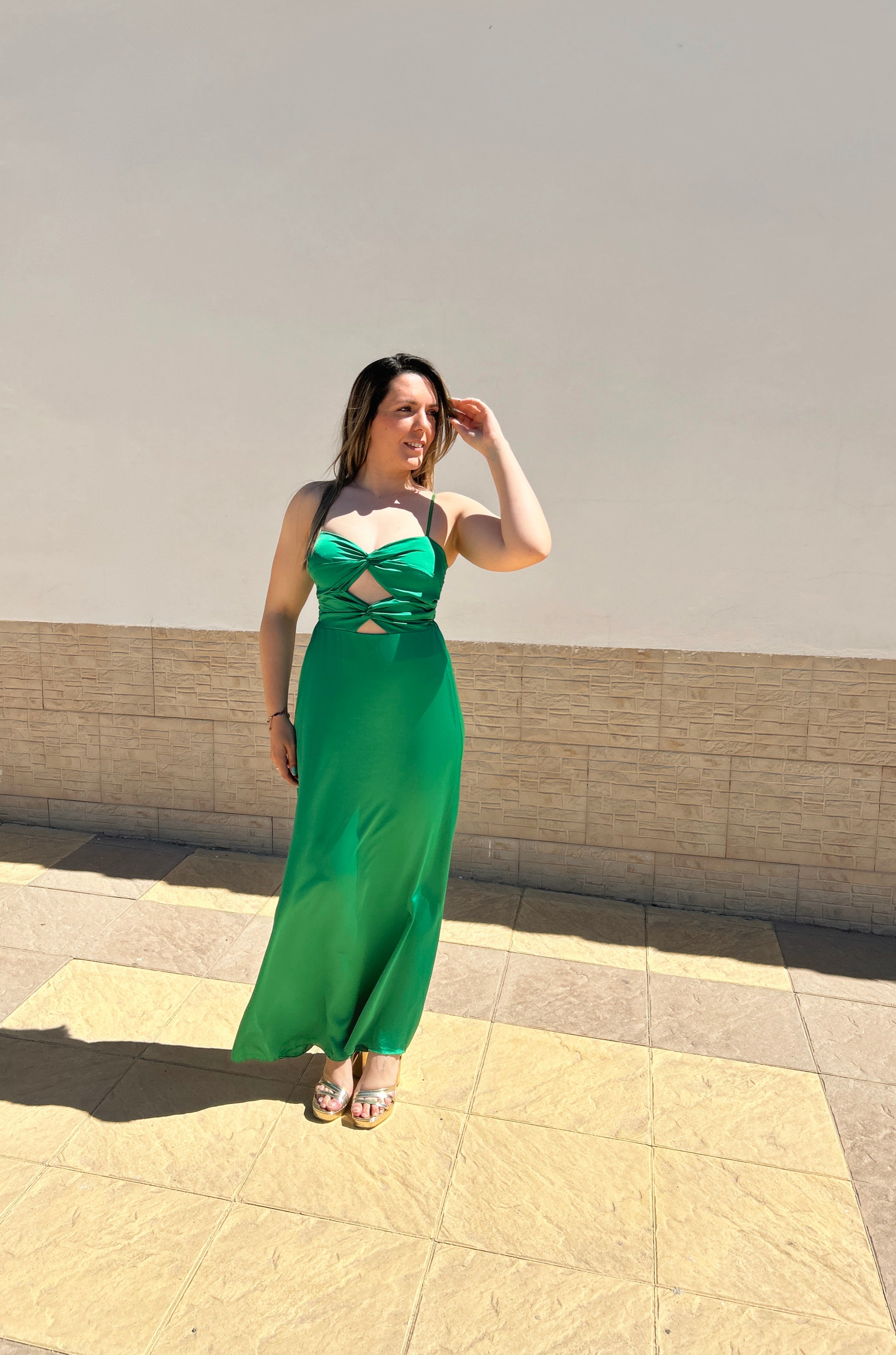 Green midi dress with slit neckline