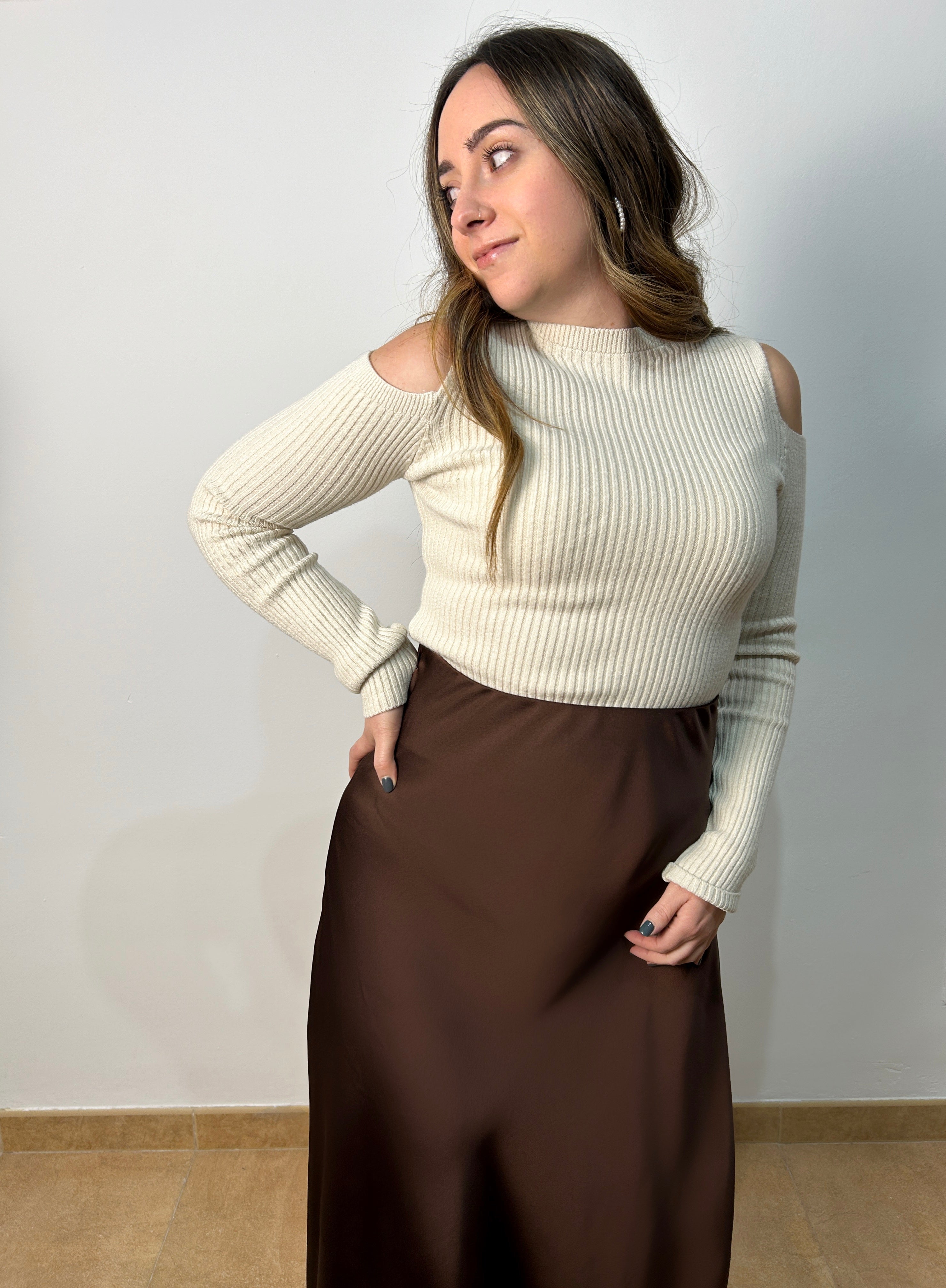 Brown satin midi skirt