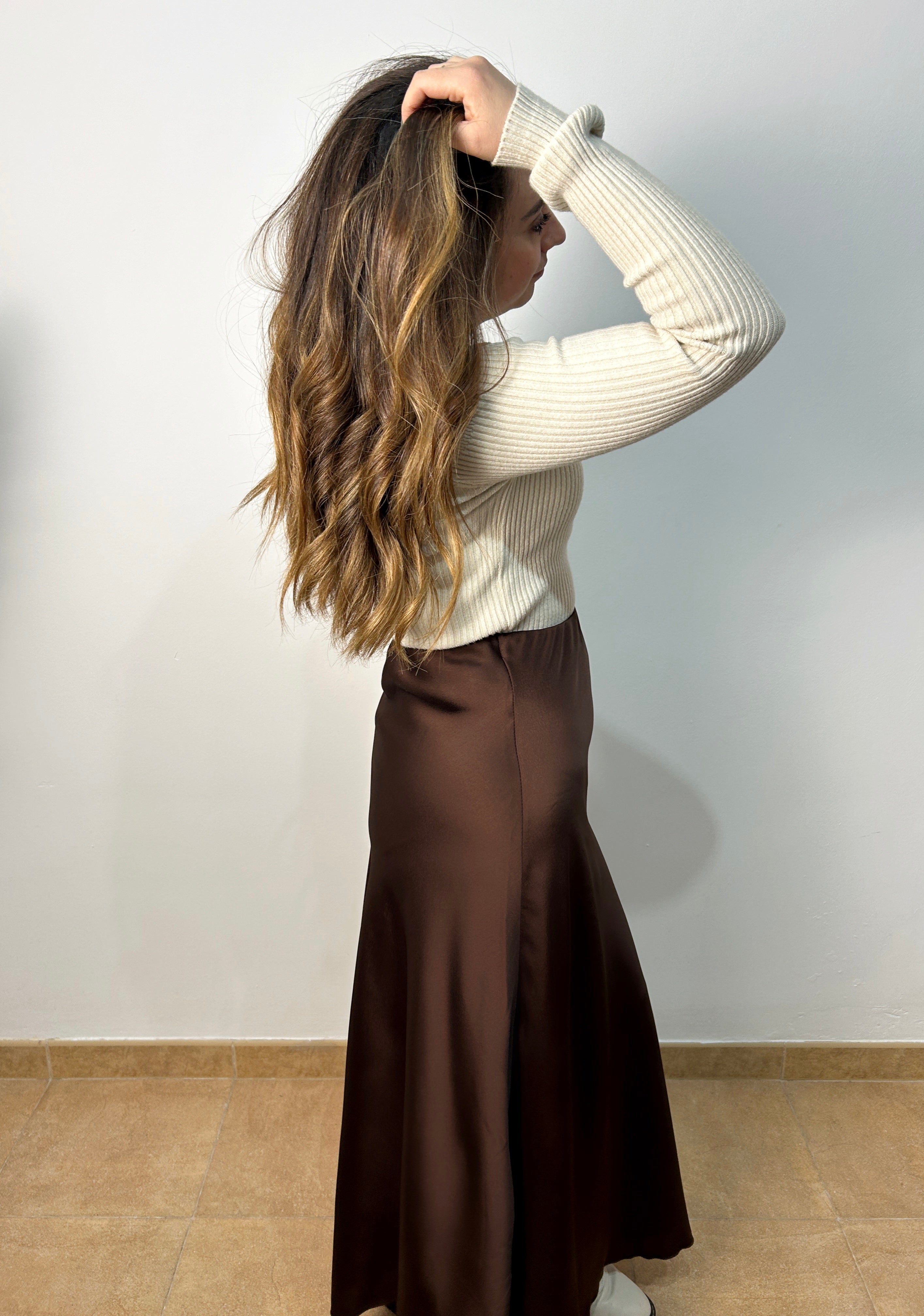 Brown satin midi skirt