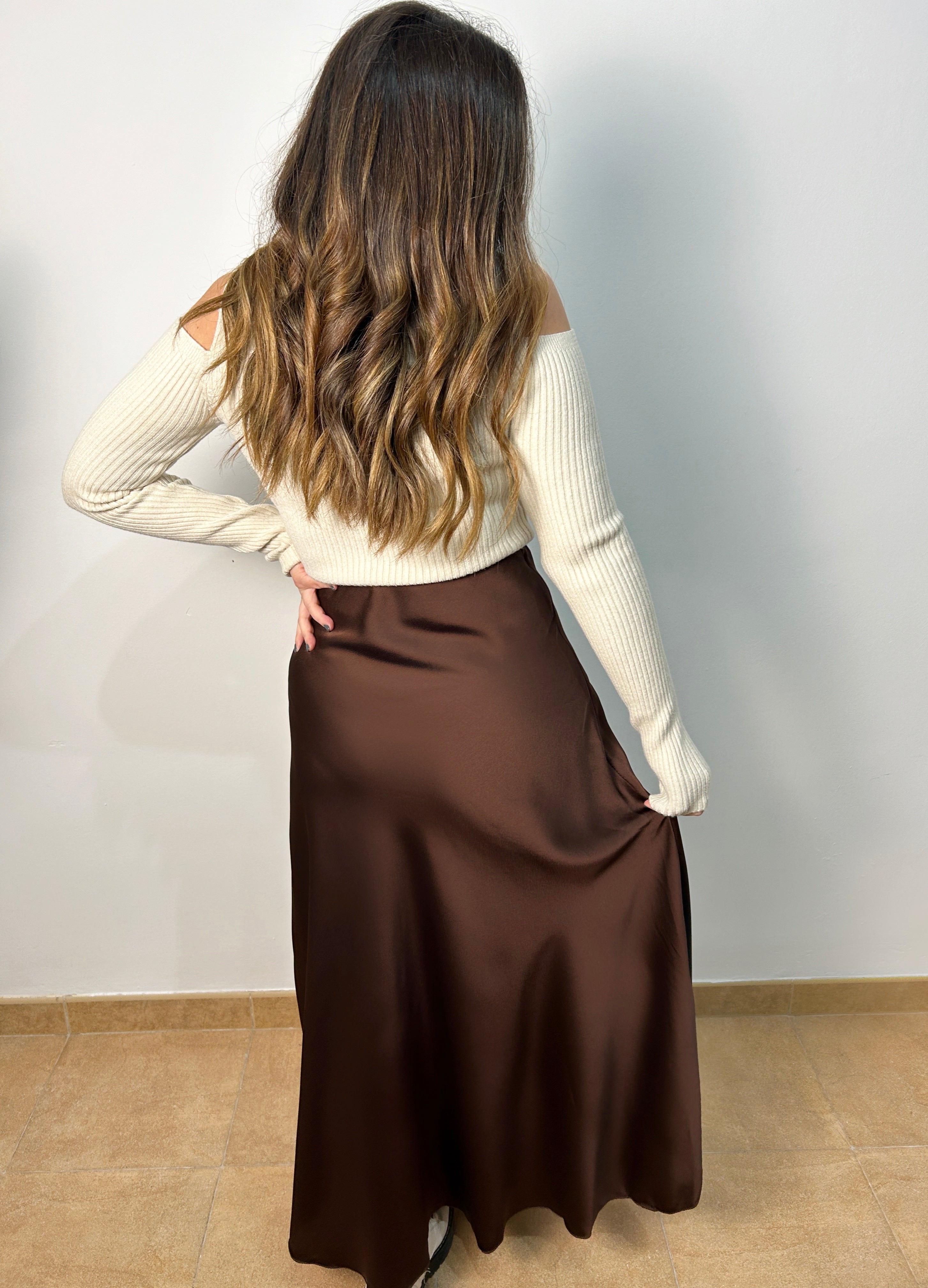 Brown satin midi skirt