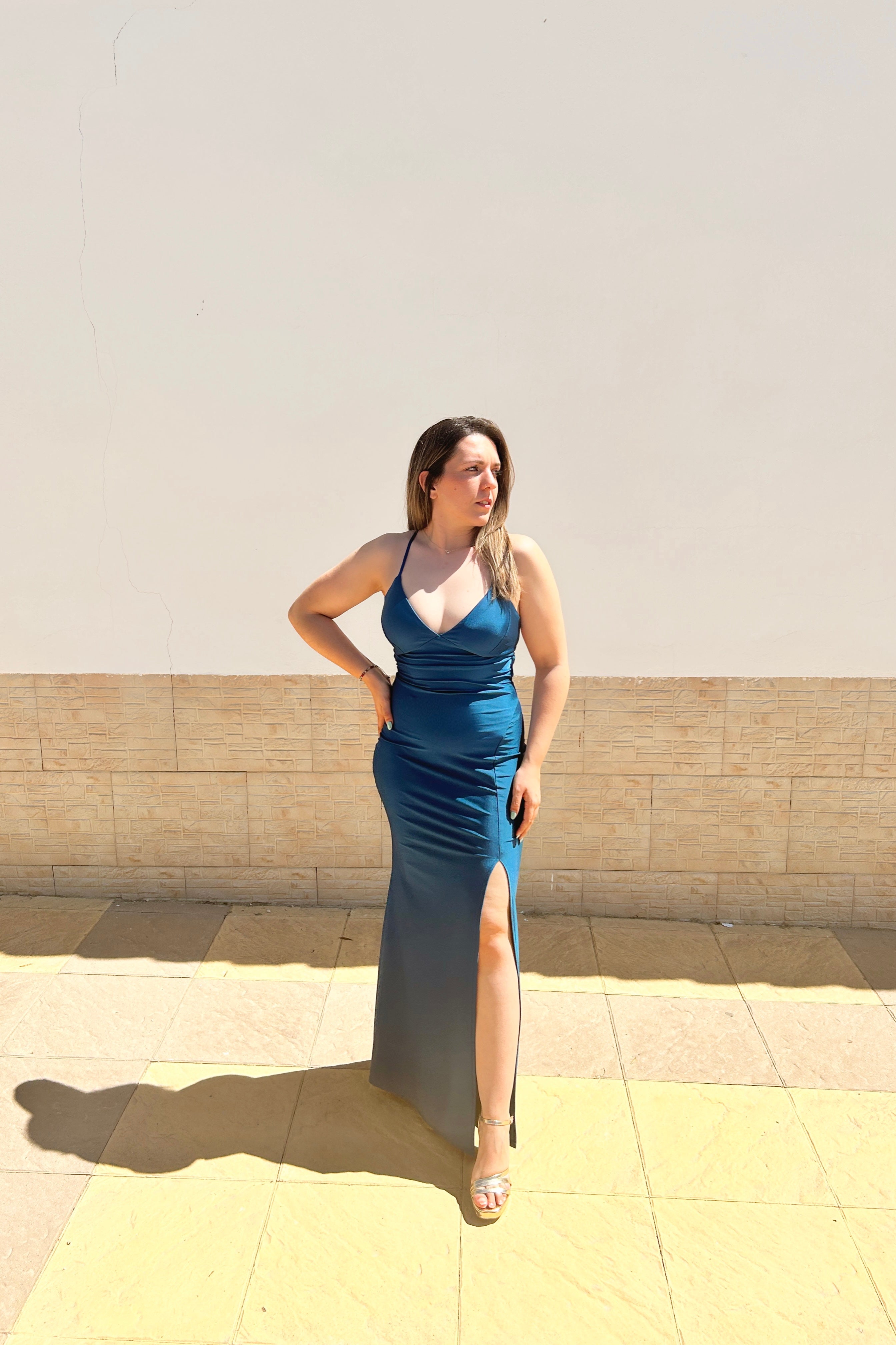 Satin dress with interlaced back, petroleum