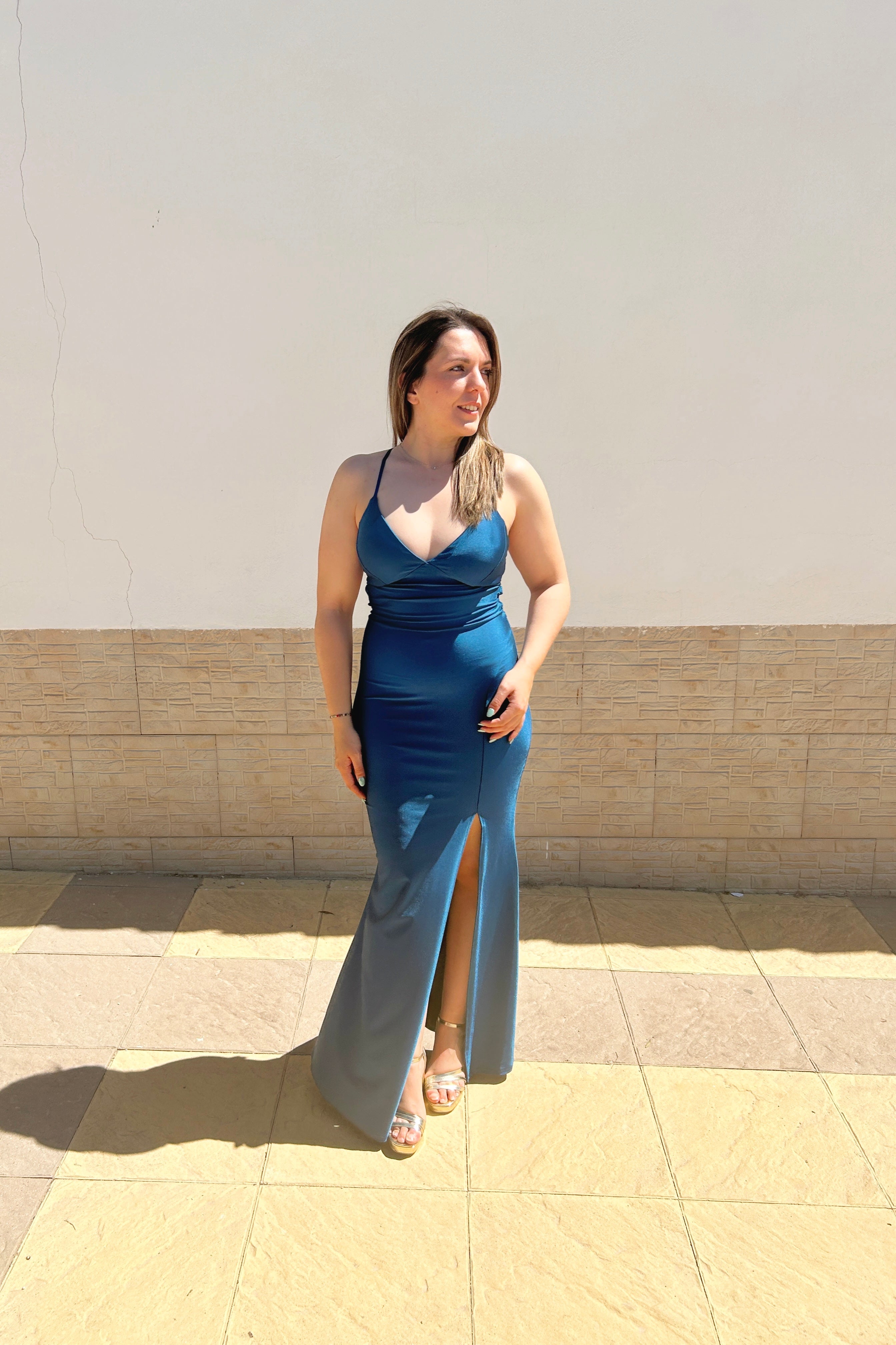 Satin dress with interlaced back, petroleum