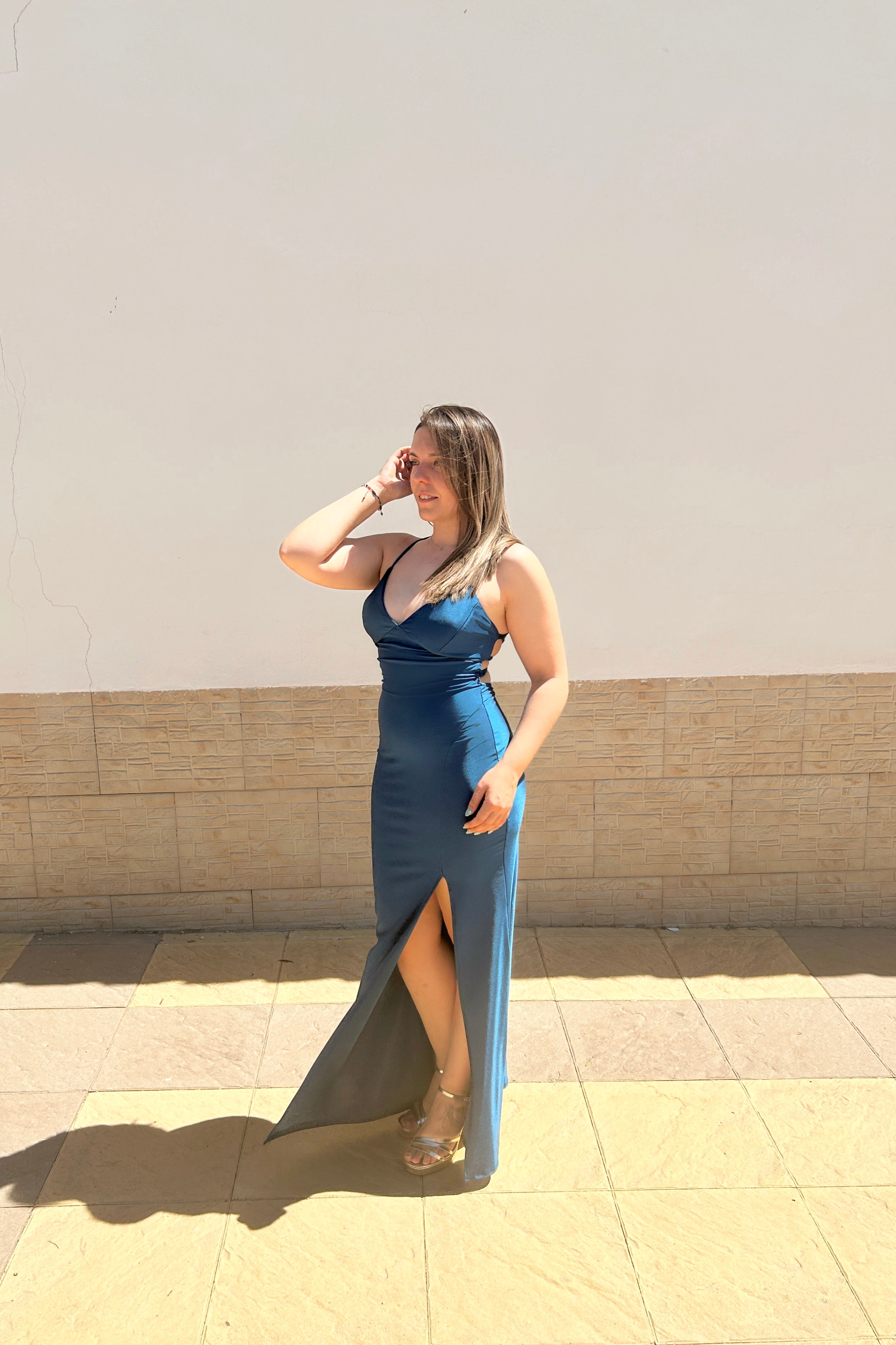 Satin dress with interlaced back, petroleum