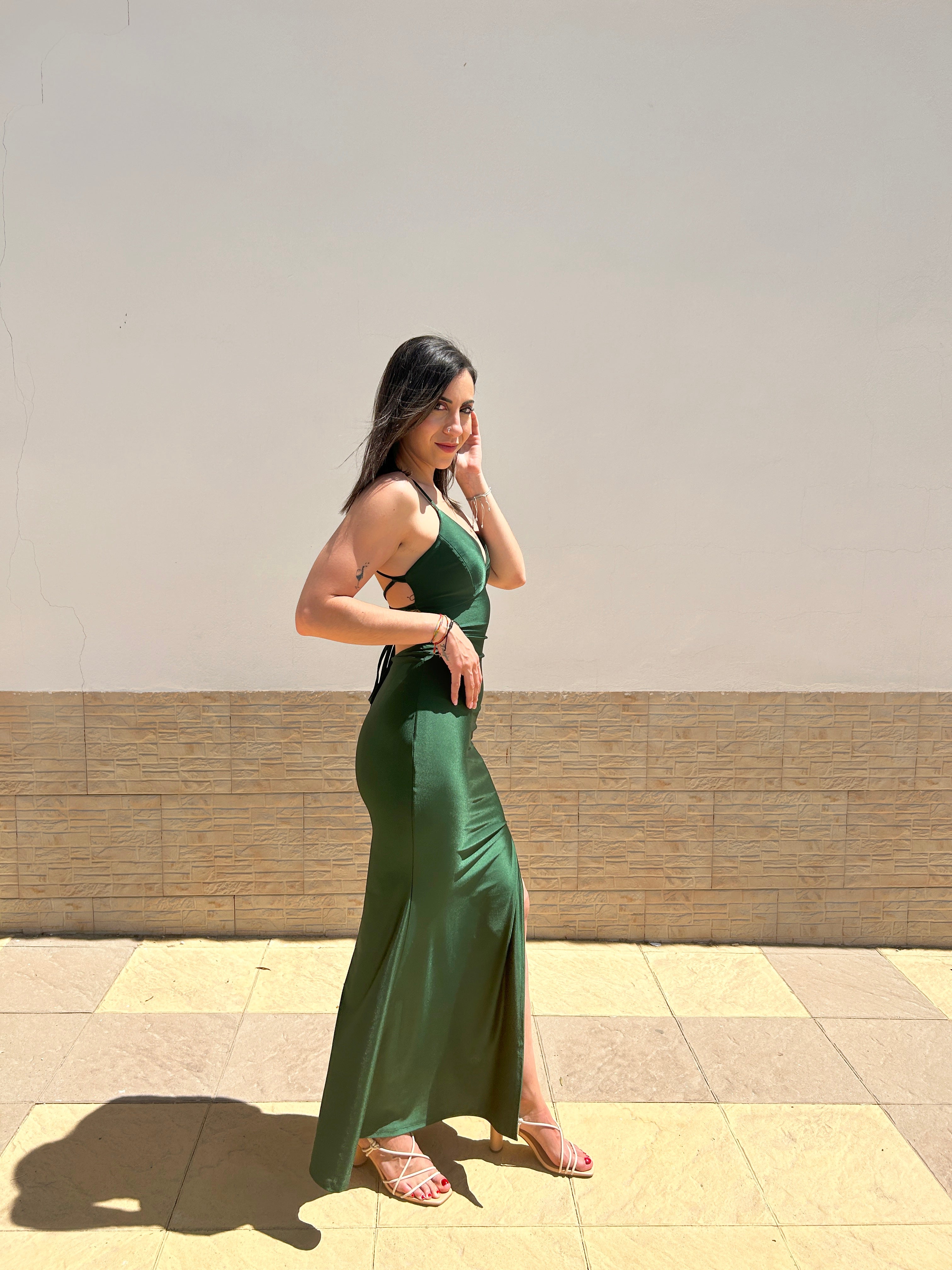 Green satin dress with interlaced back
