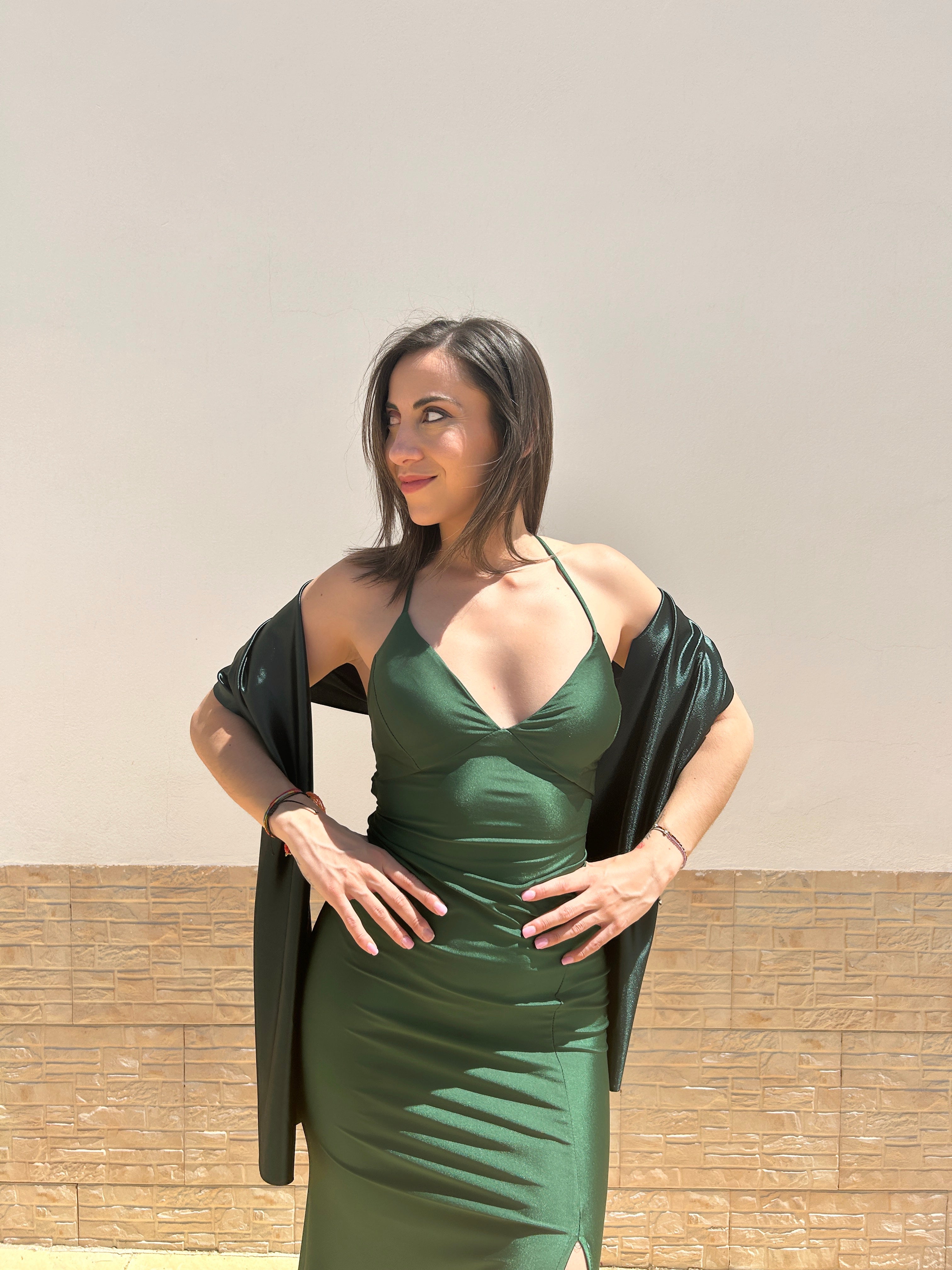 Green satin dress with interlaced back