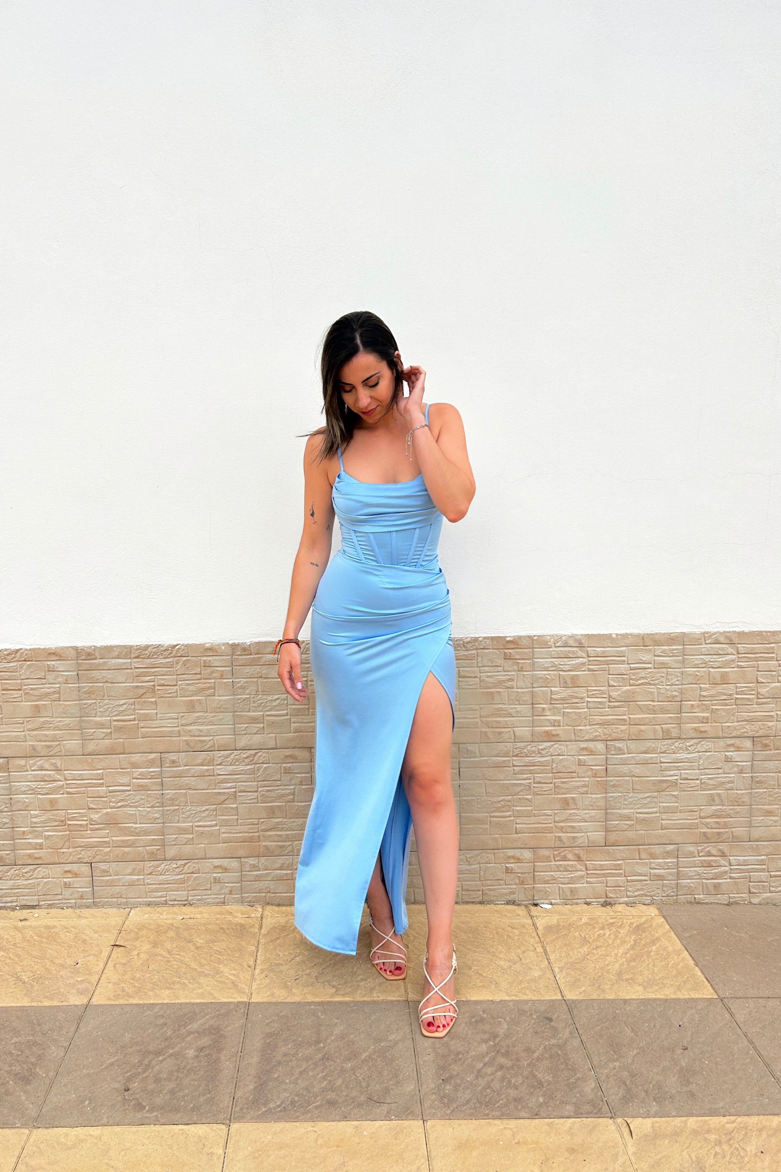 Light blue satin corset neckline dress