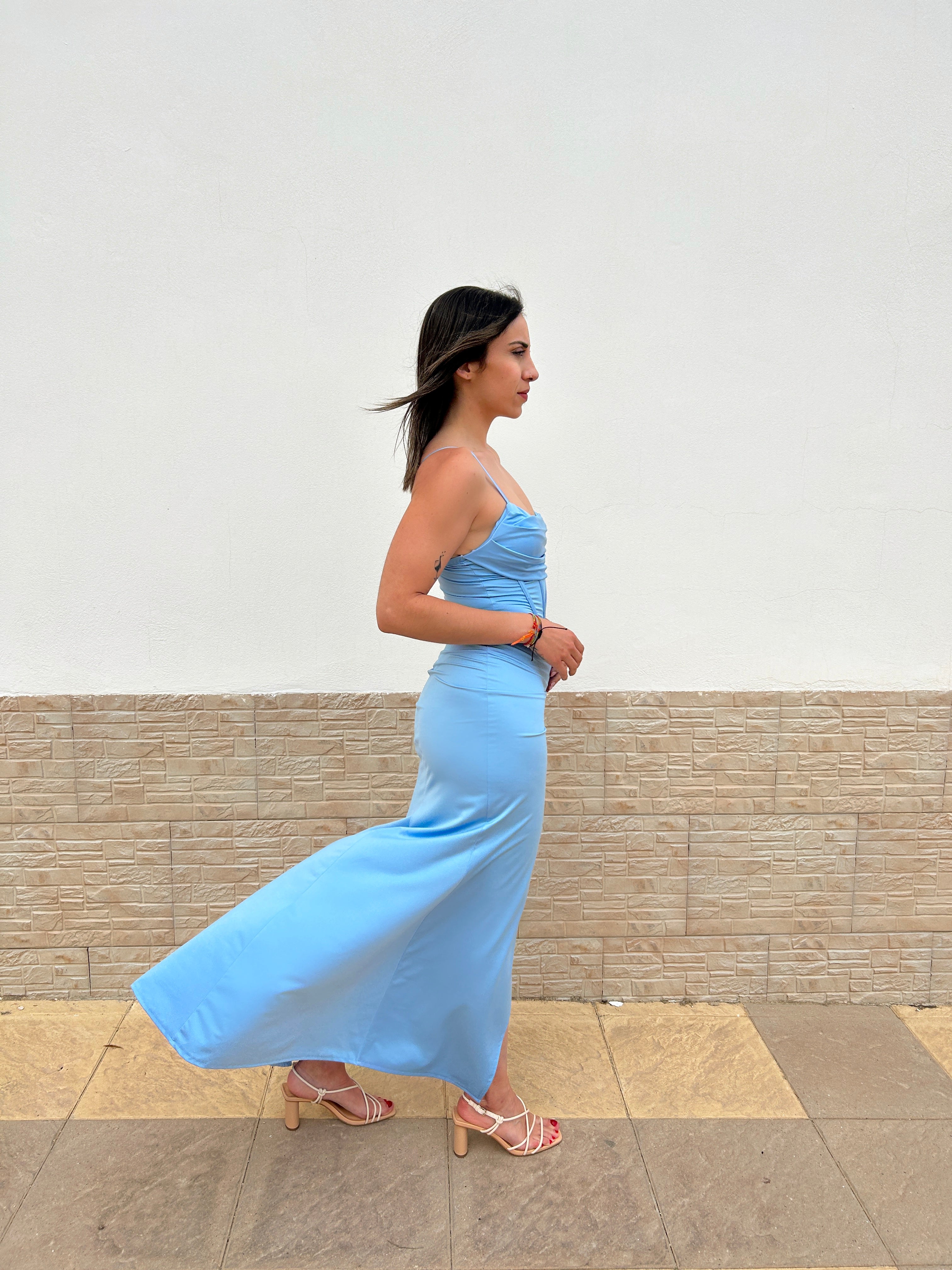 Light blue satin corset neckline dress