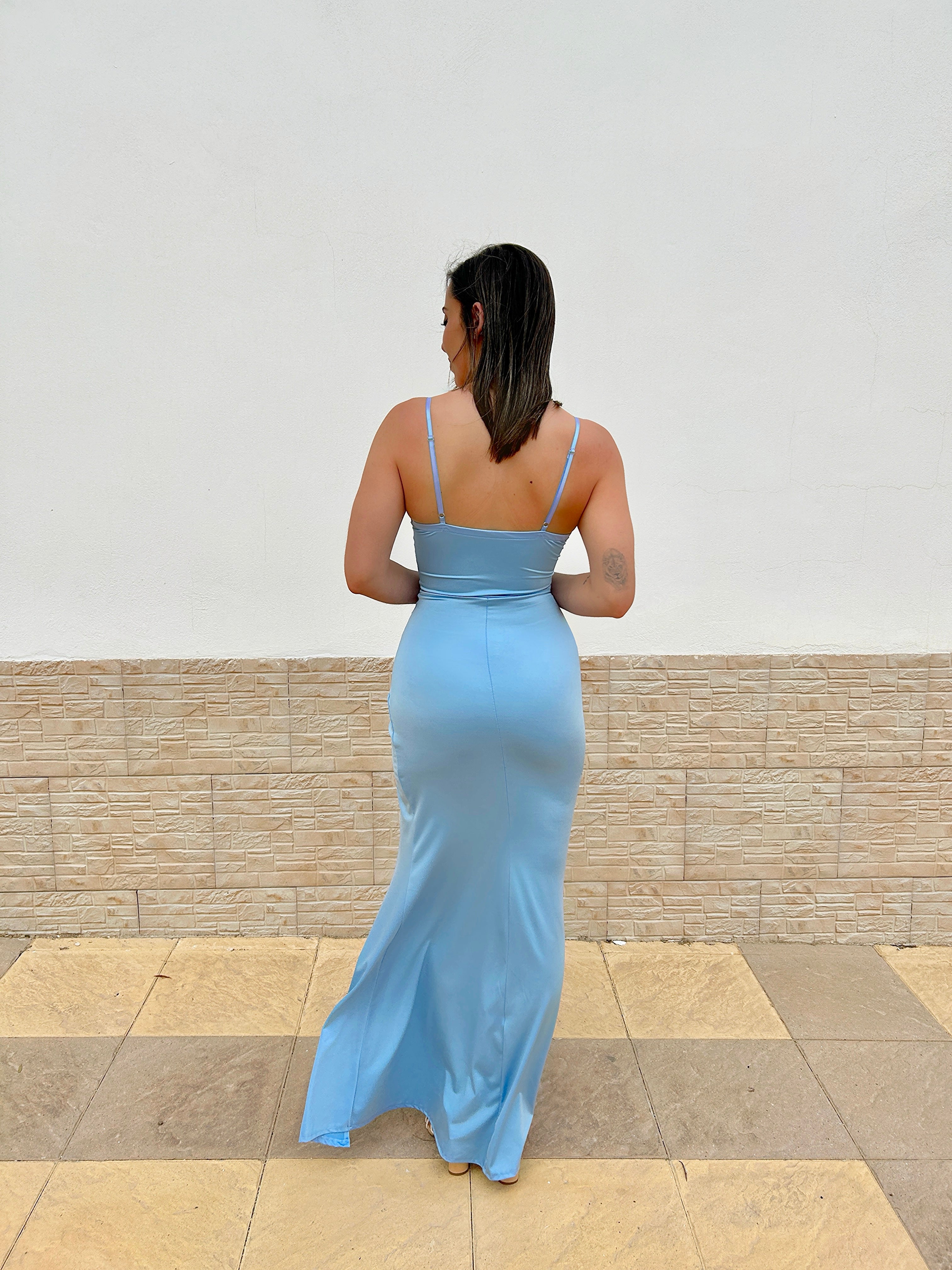 Light blue satin corset neckline dress