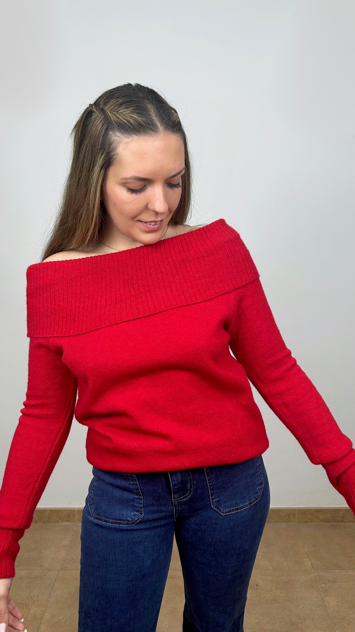 Jersey escote bardot rojo