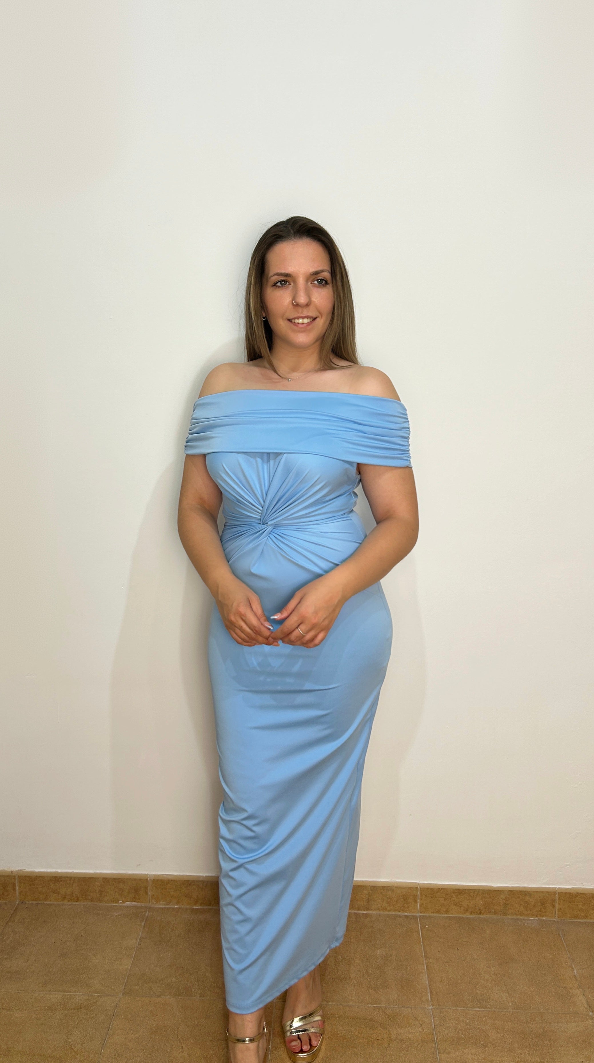 Light blue bardot knot midi dress