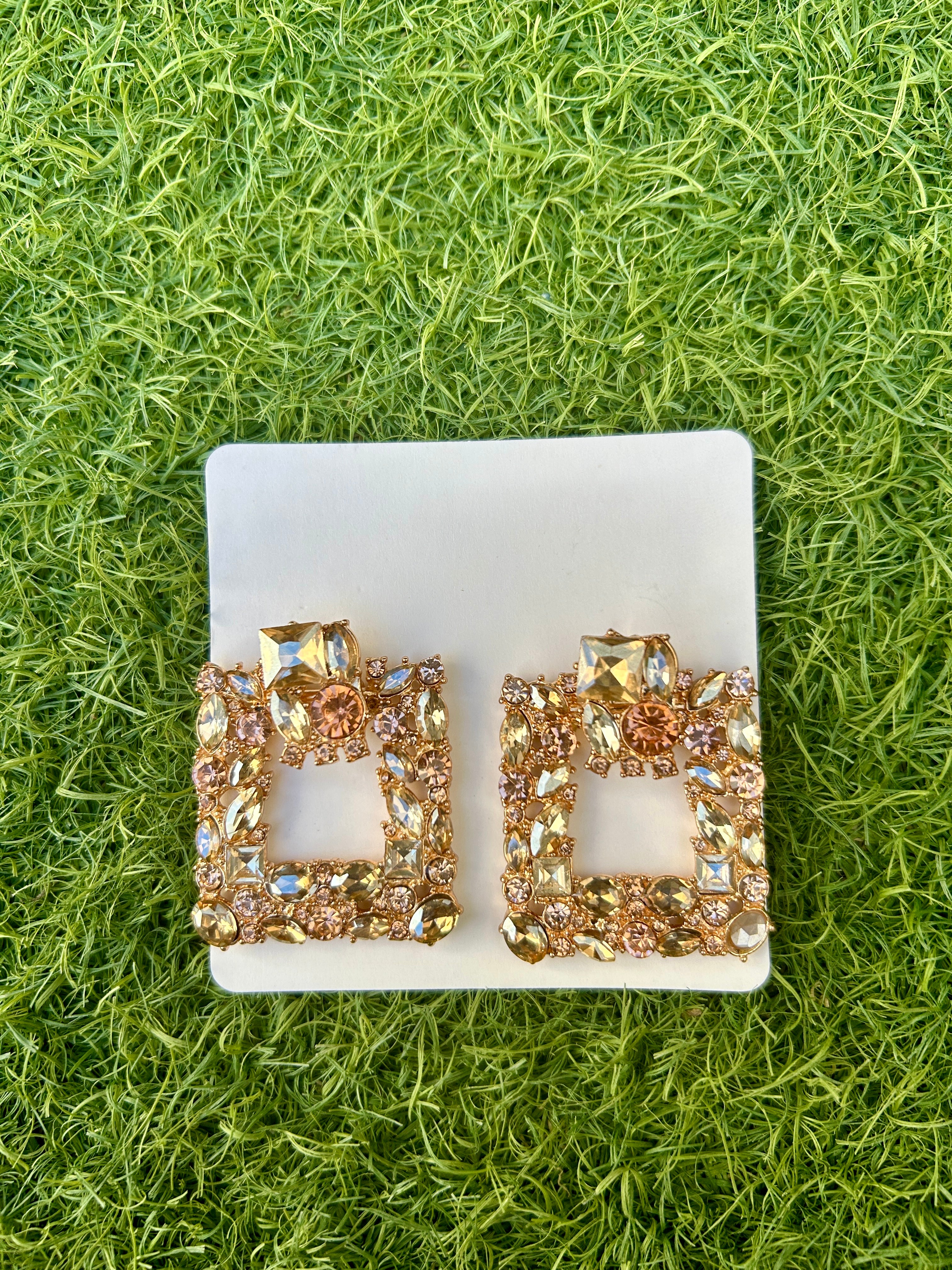 Gold square rhinestone earrings