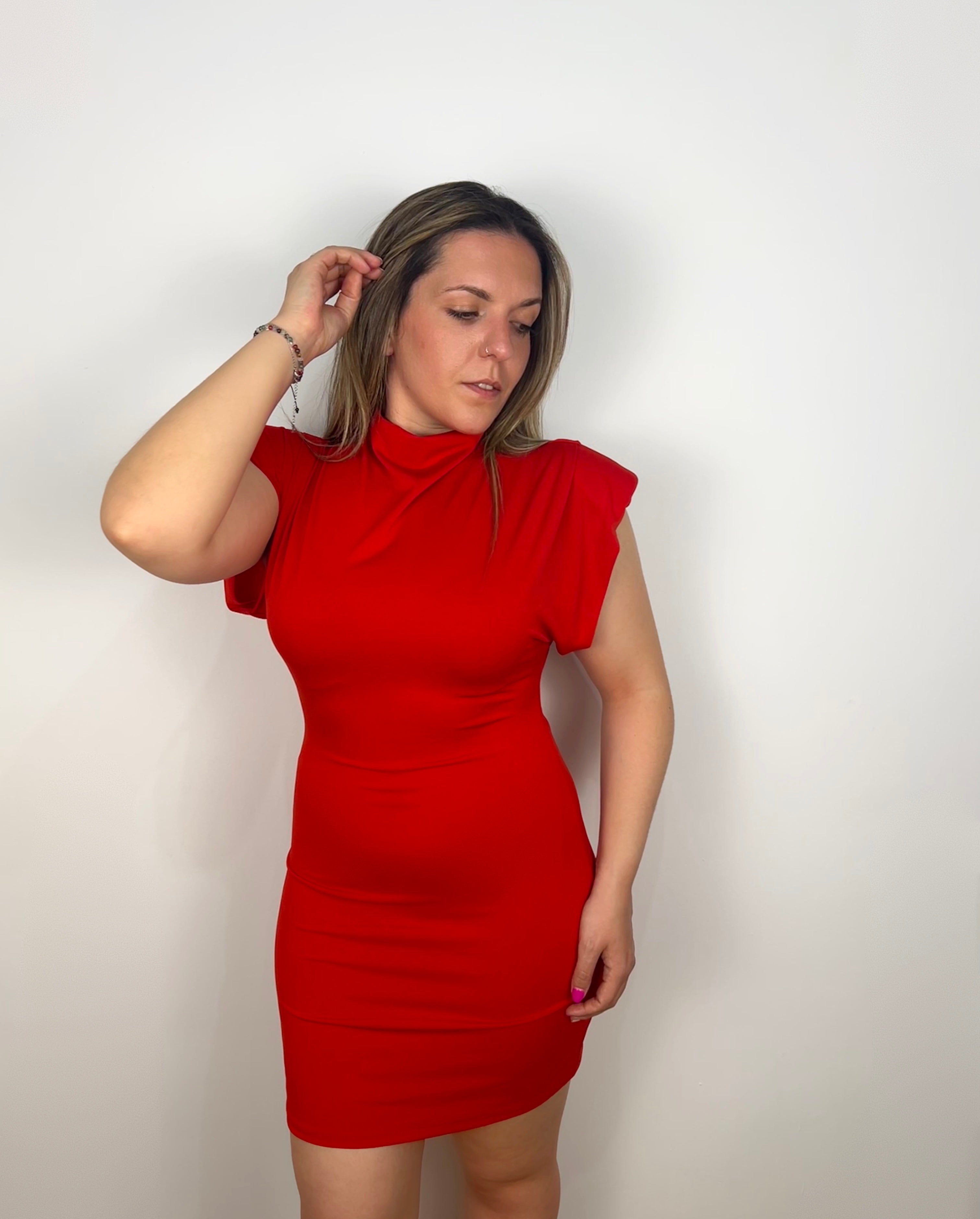 Red shoulder pad mini dress