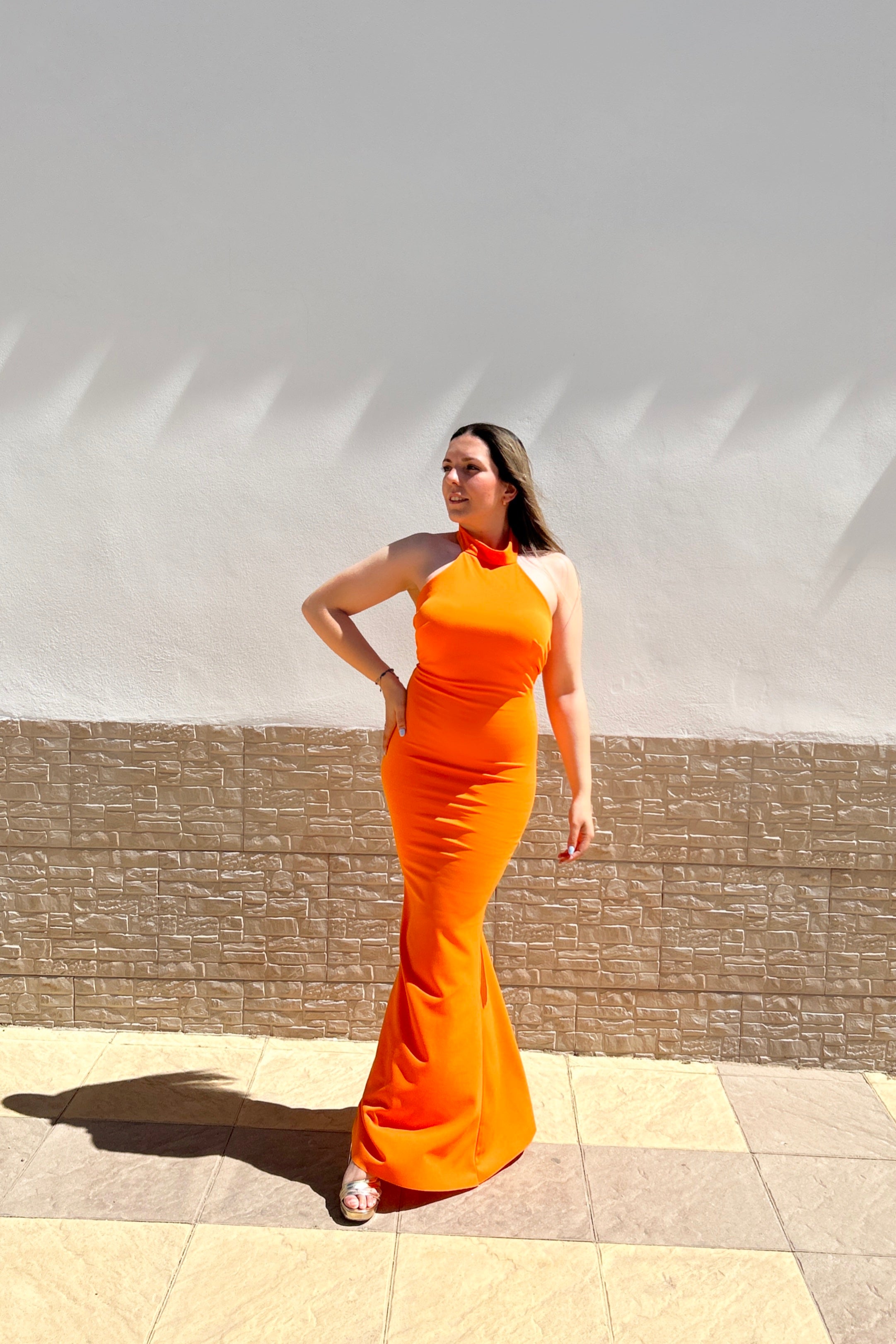 Orange knot back halter dress