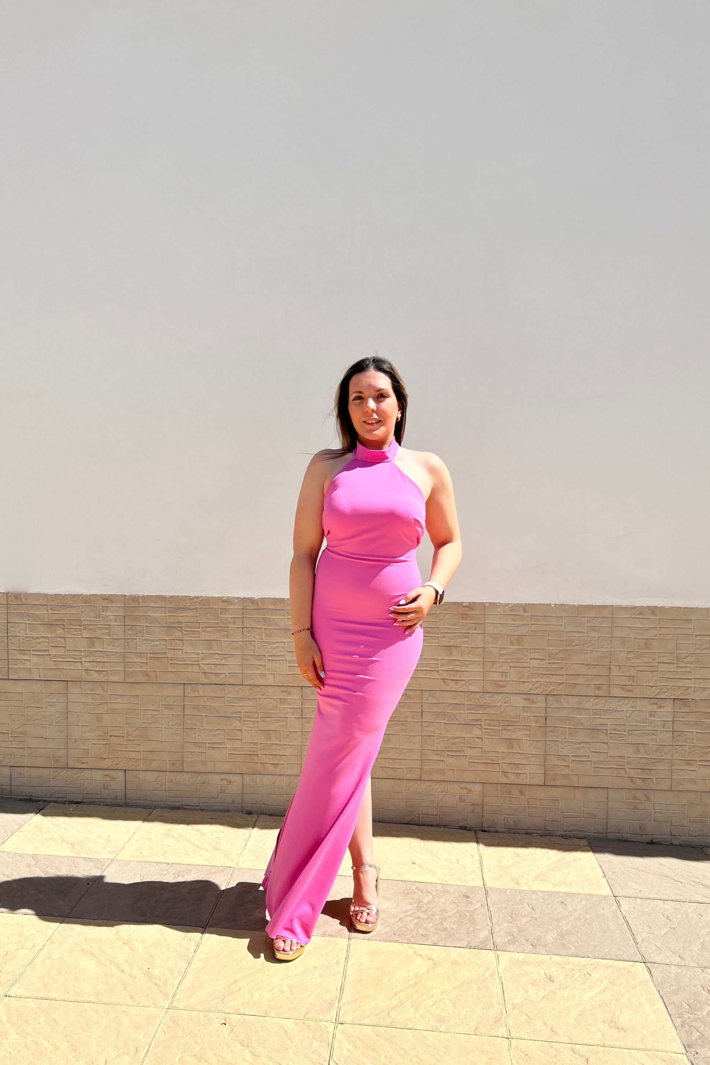 Vestido halter espalda nudo rosa