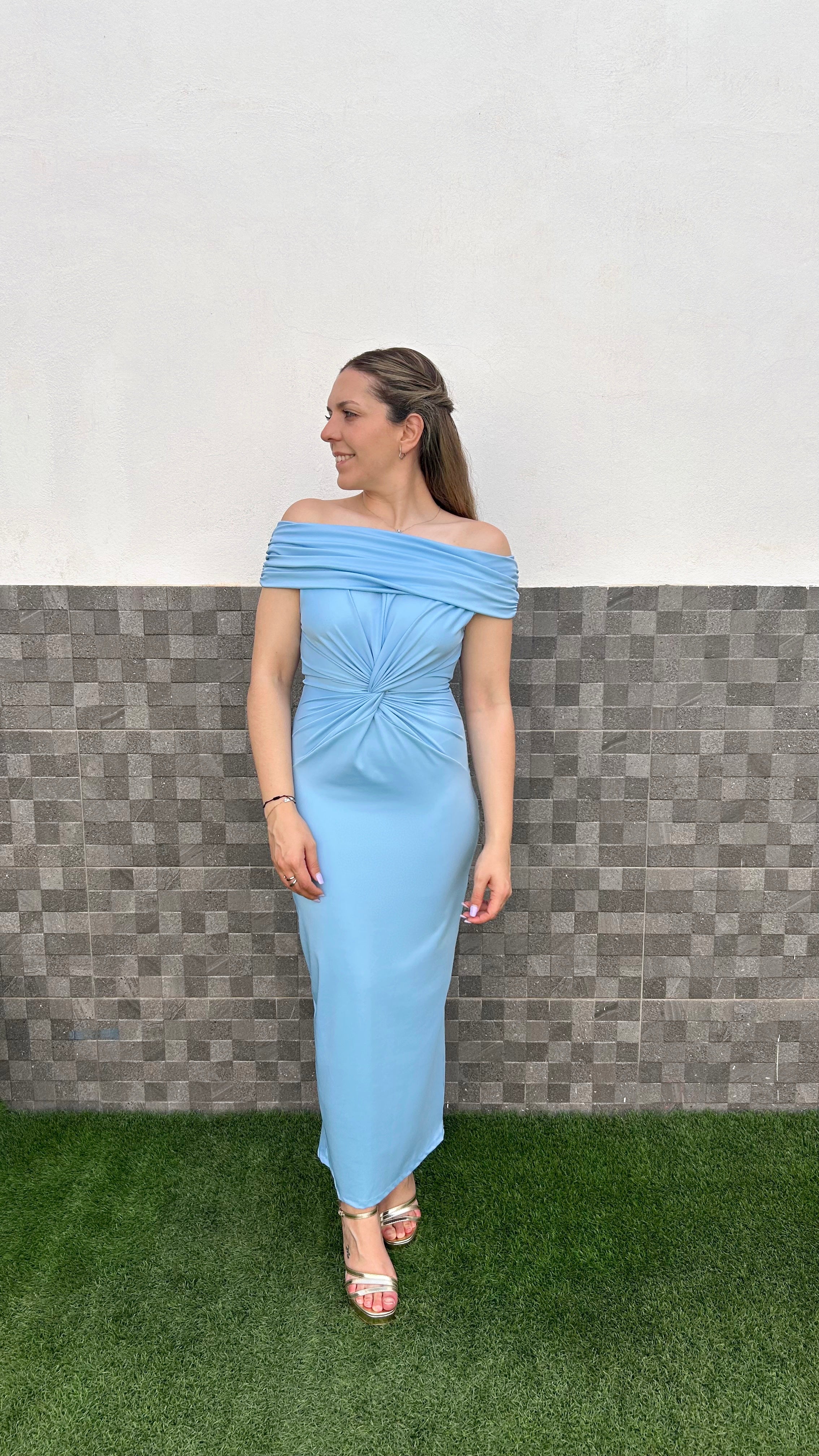 Abito midi azzurro con nodo bardot